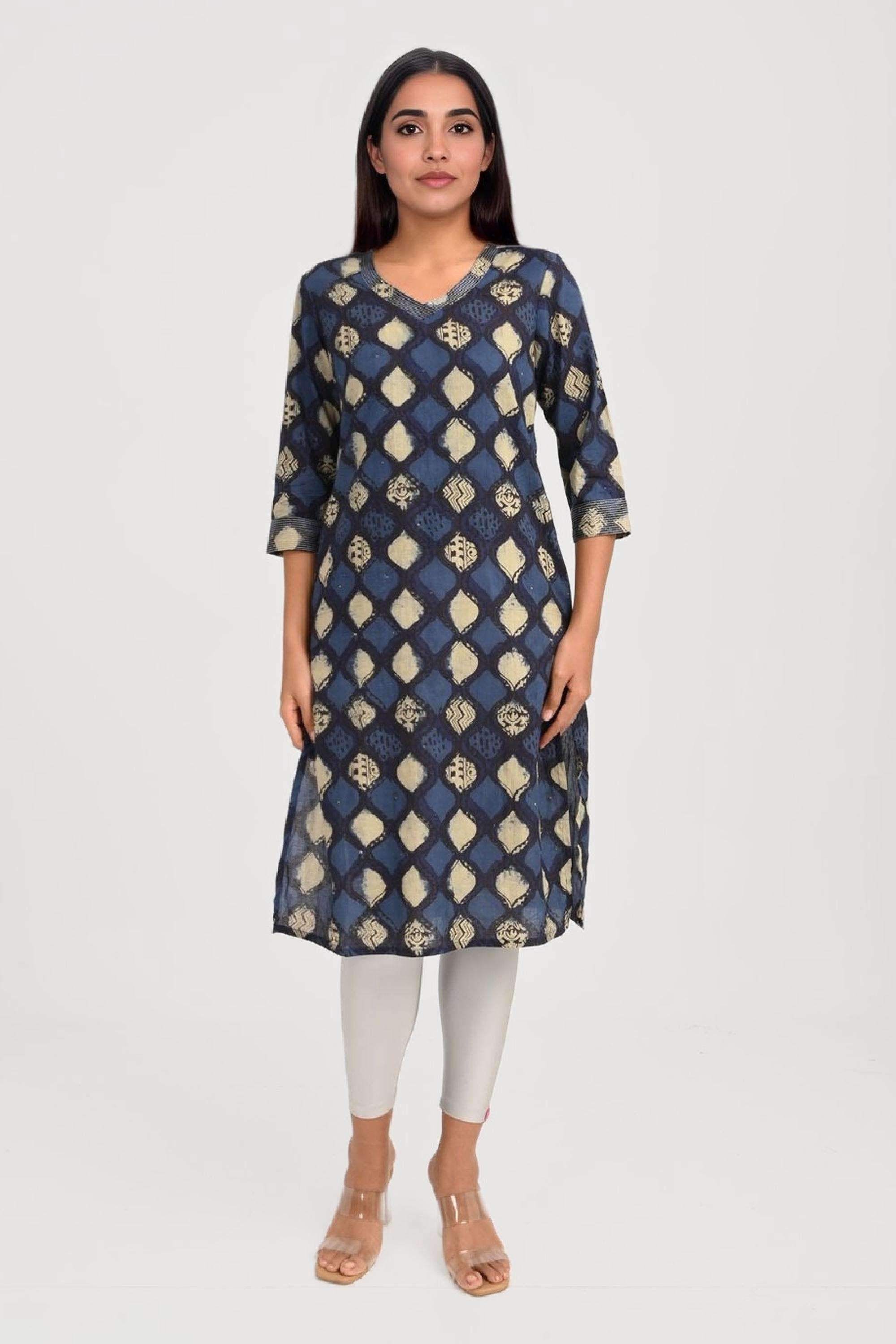 Printed-Cotton-V-Neck-Women-Fusion-Wear-Kurta