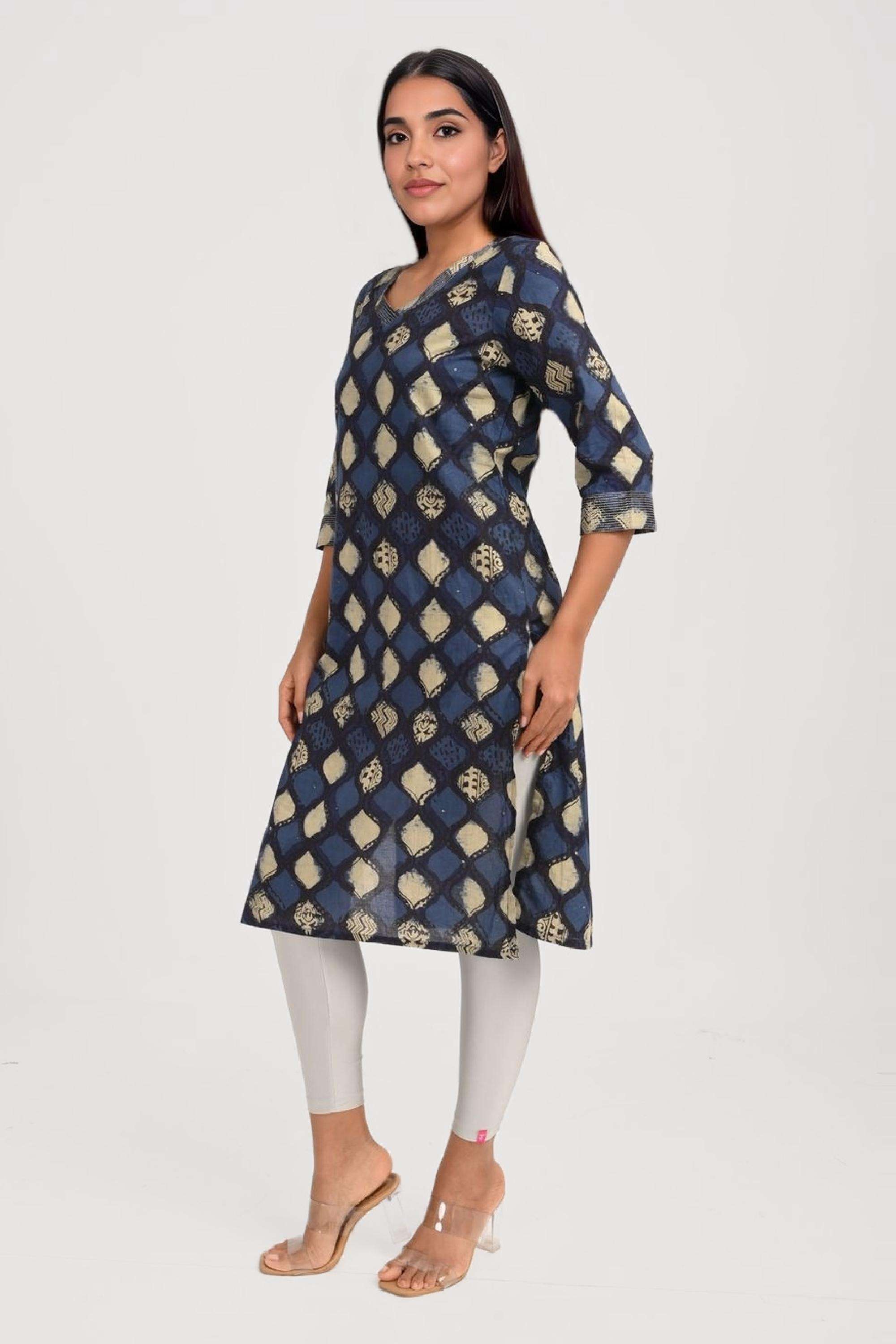 Printed-Cotton-V-Neck-Women-Fusion-Wear-Kurta
