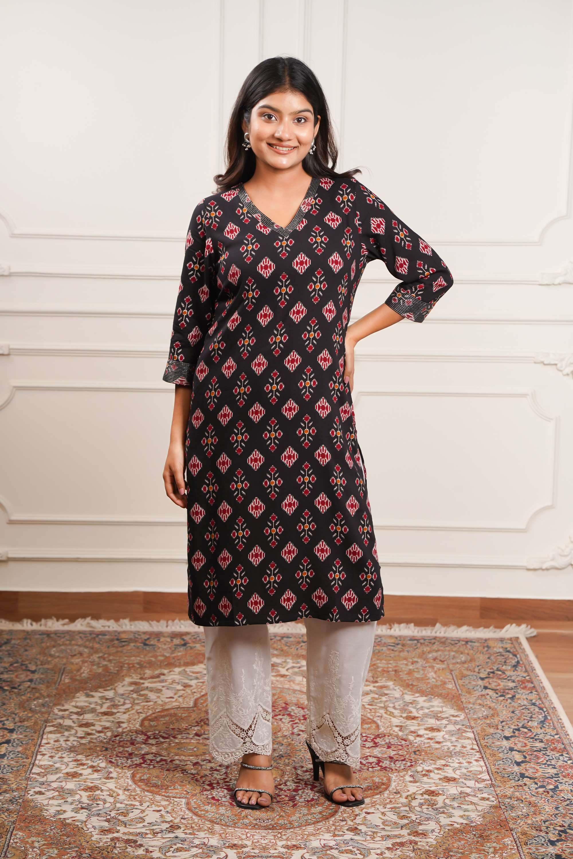 Block-Print-Rayon-V-Neck-Women-Casual-Wear-Kurta