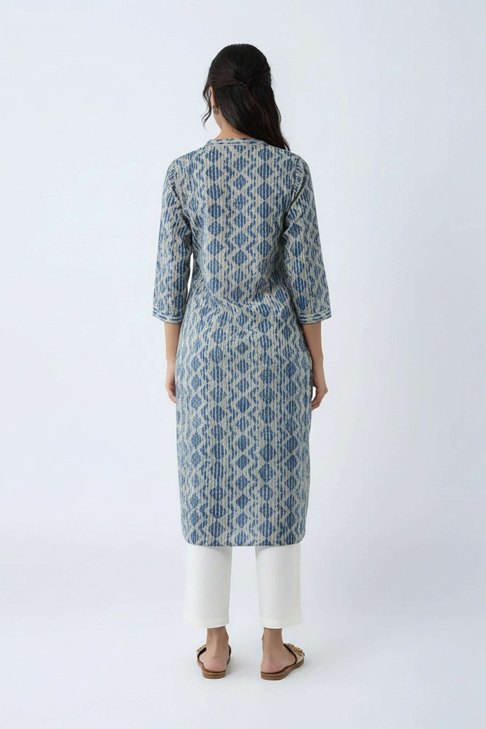 Printed-Blended-Fabric-Collared-Women-Fusion-Wear-Kurta