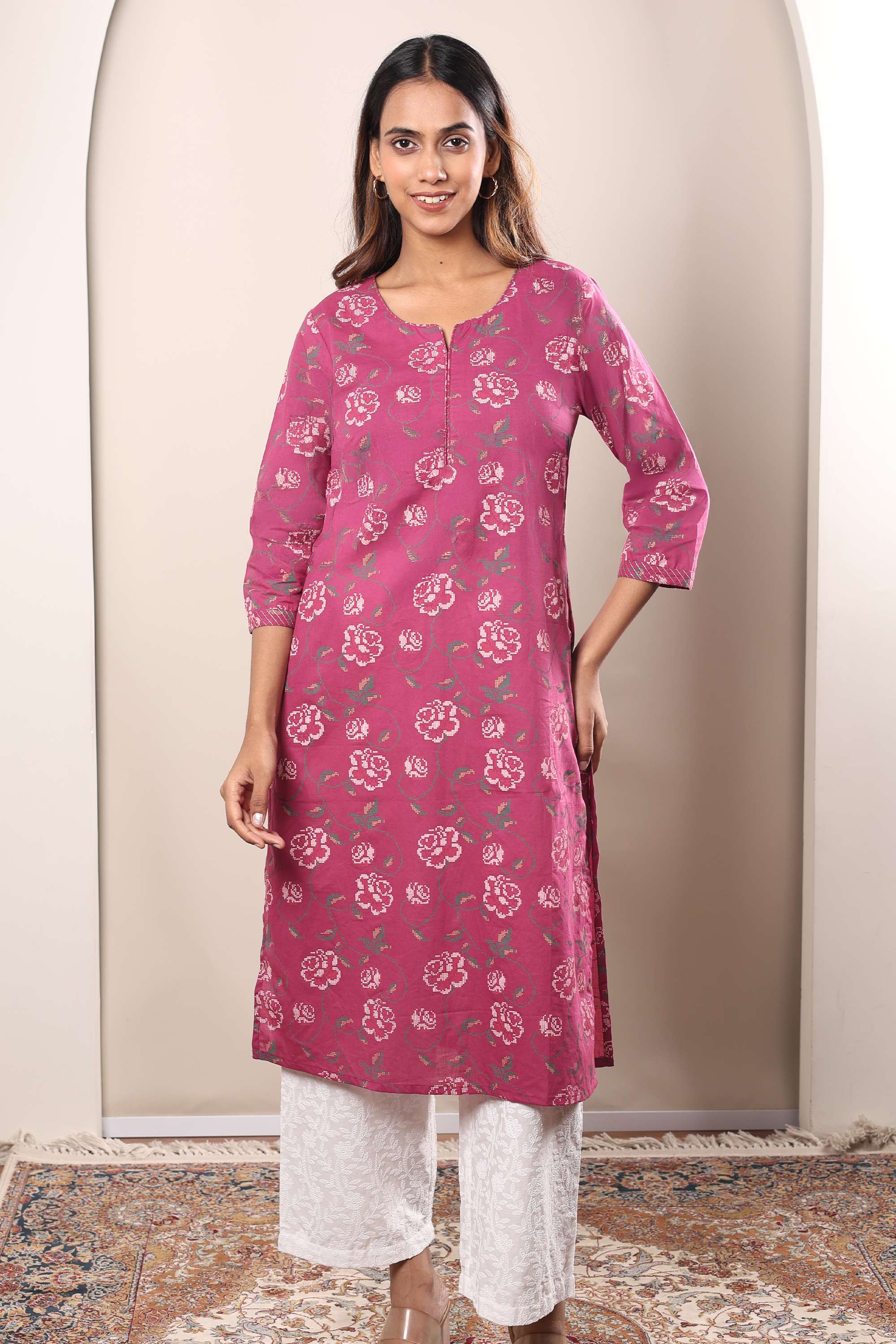 Printed-Chambray-Round-Neck-Women-s-Casual-Wear-Kurta