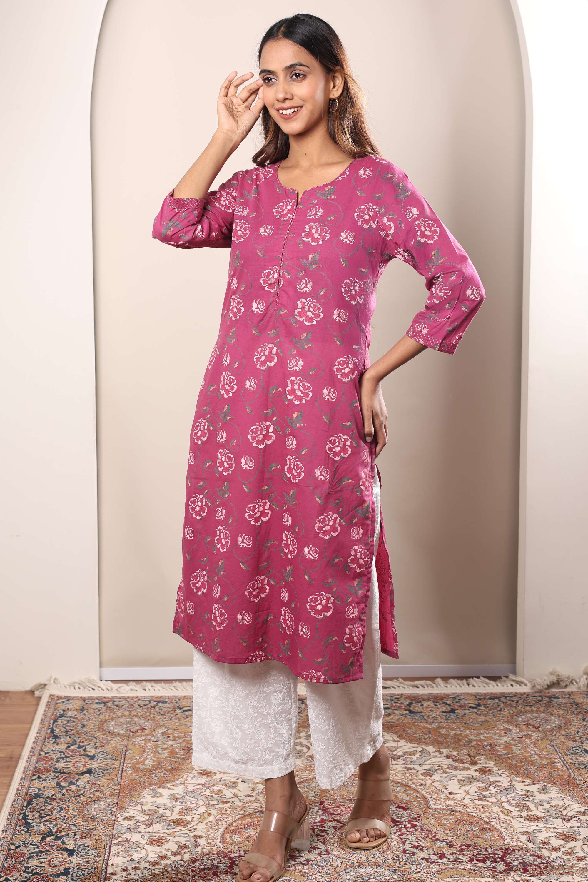 Printed-Chambray-Round-Neck-Women-s-Casual-Wear-Kurta