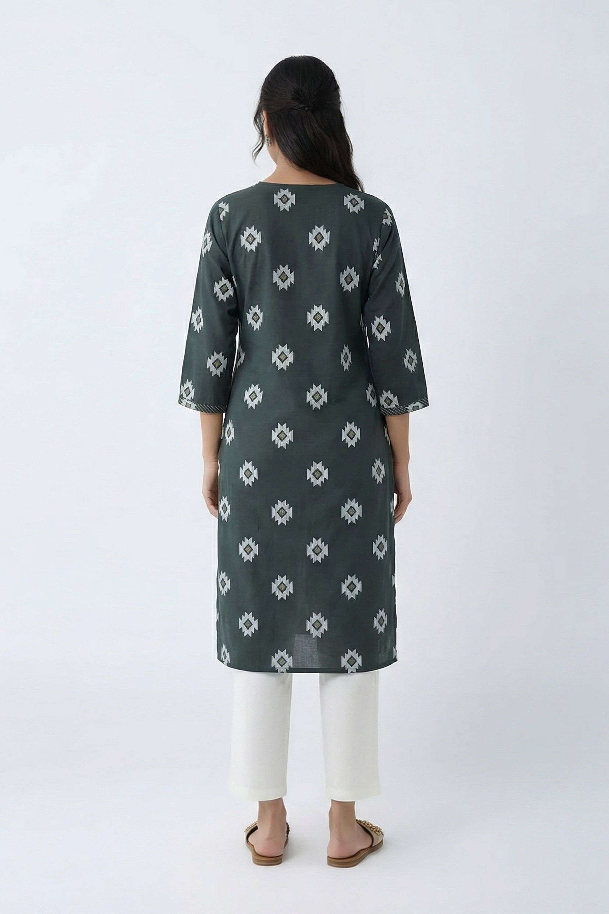Ikkat-Blended-Fabric-Round-Neck-Women-Fusion-Wear-Kurta