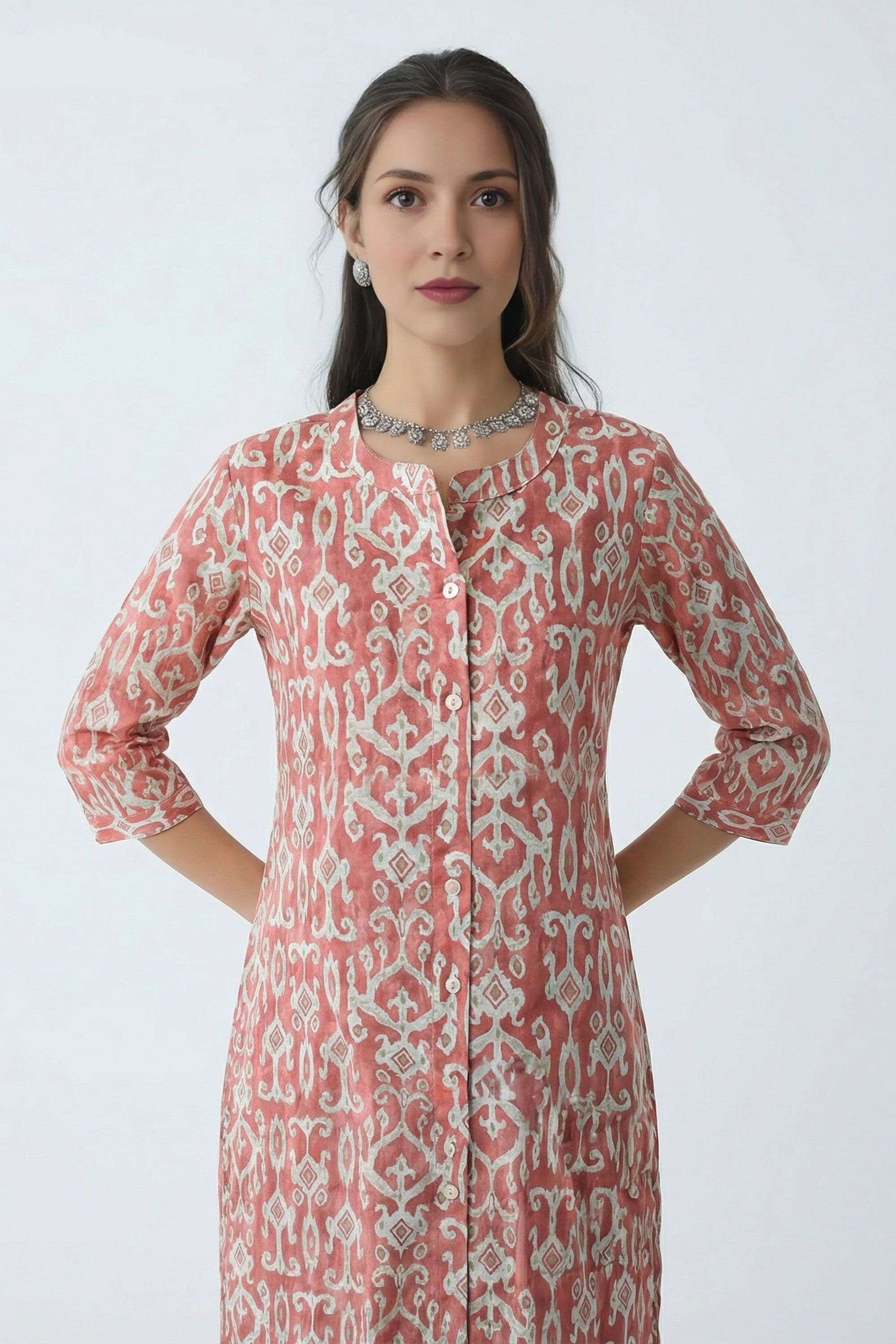 Solid-Blended-Fabric-Collared-Women-Casual-Wear-Kurta