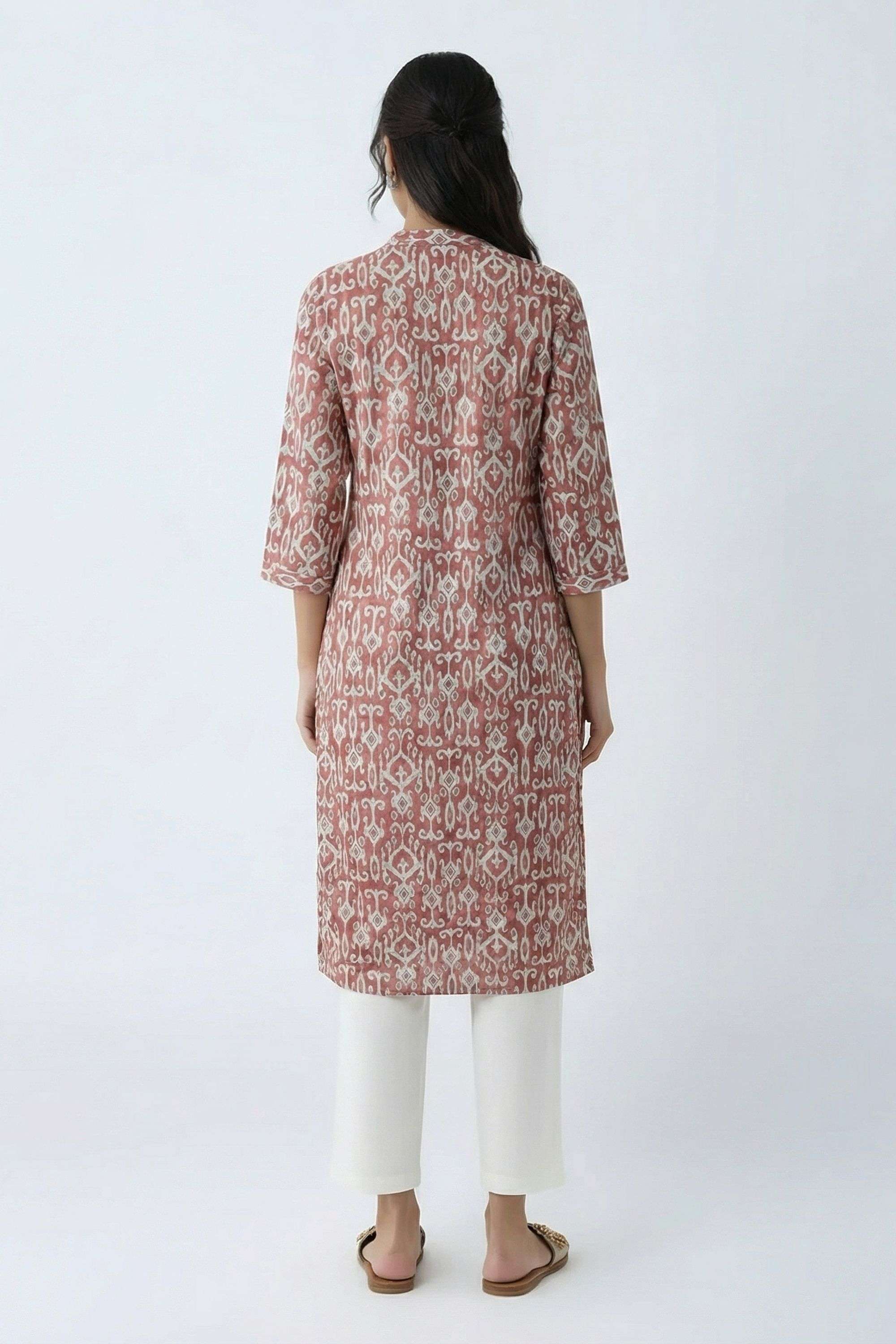 Printed-Blended-Fabric-Collared-Women-Fusion-Wear-Kurta