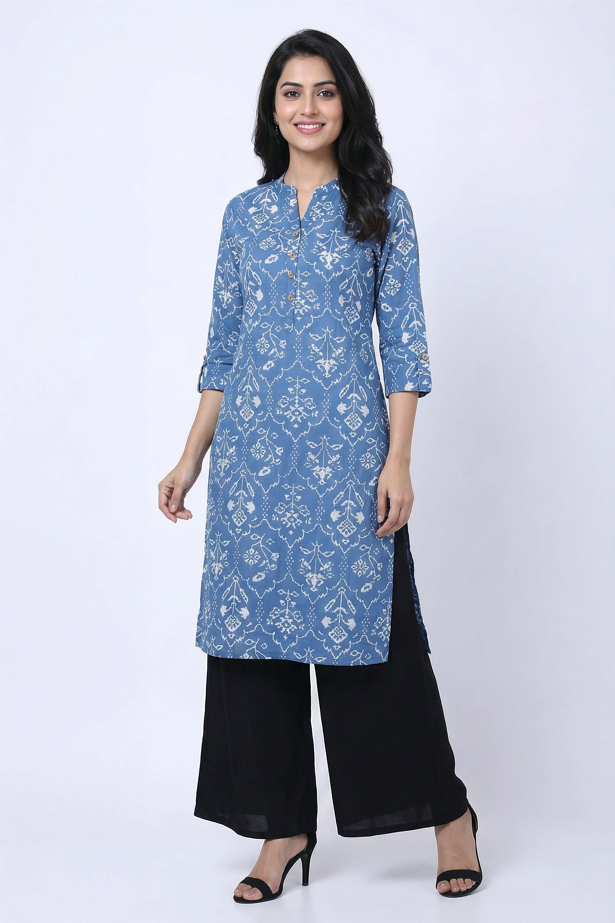 Floral-Blended-Fabric-Collared-Women-Fusion-Wear-Kurta