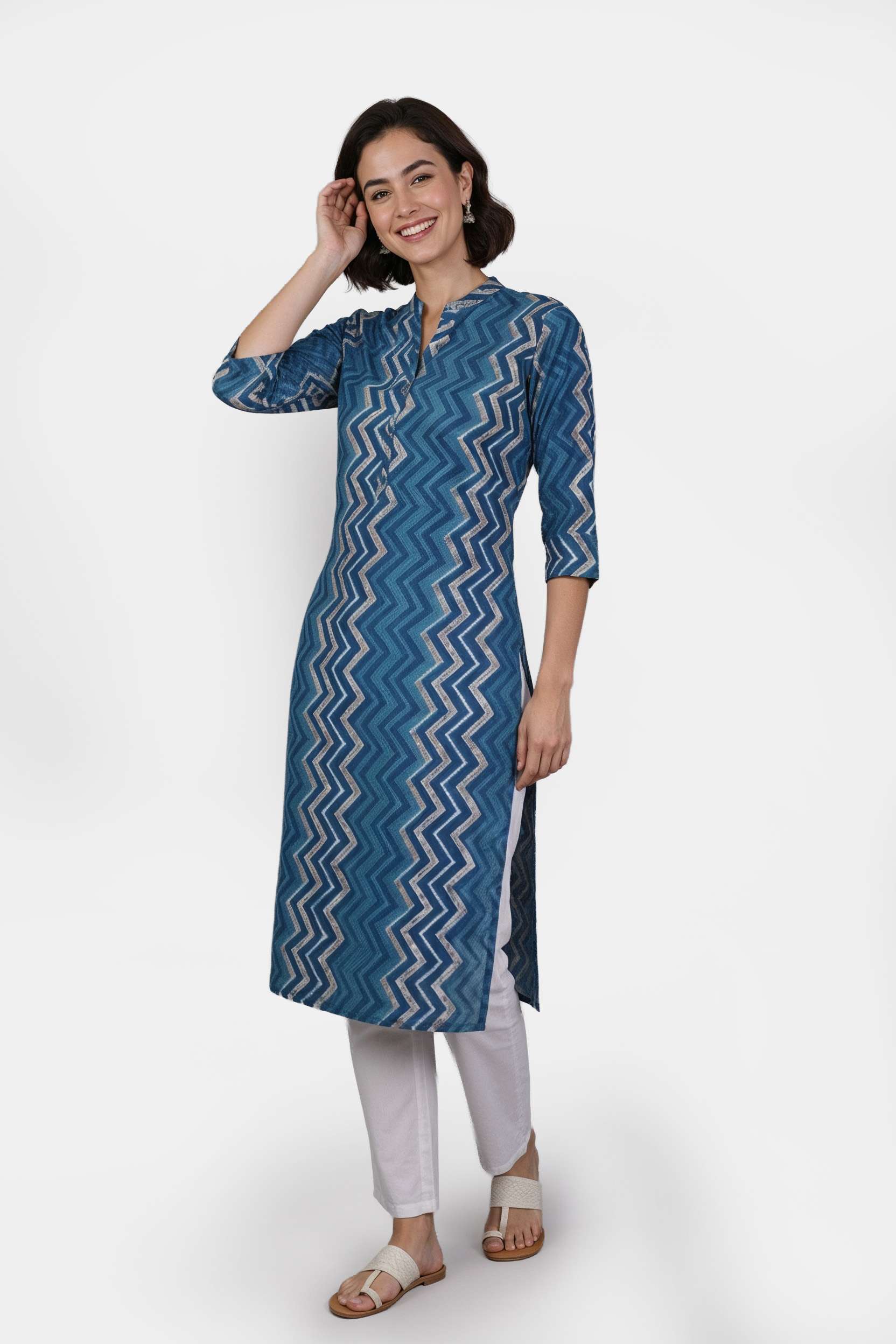 Chevron-Blended-Fabric-Henley-Women-Casual-Wear-Kurta