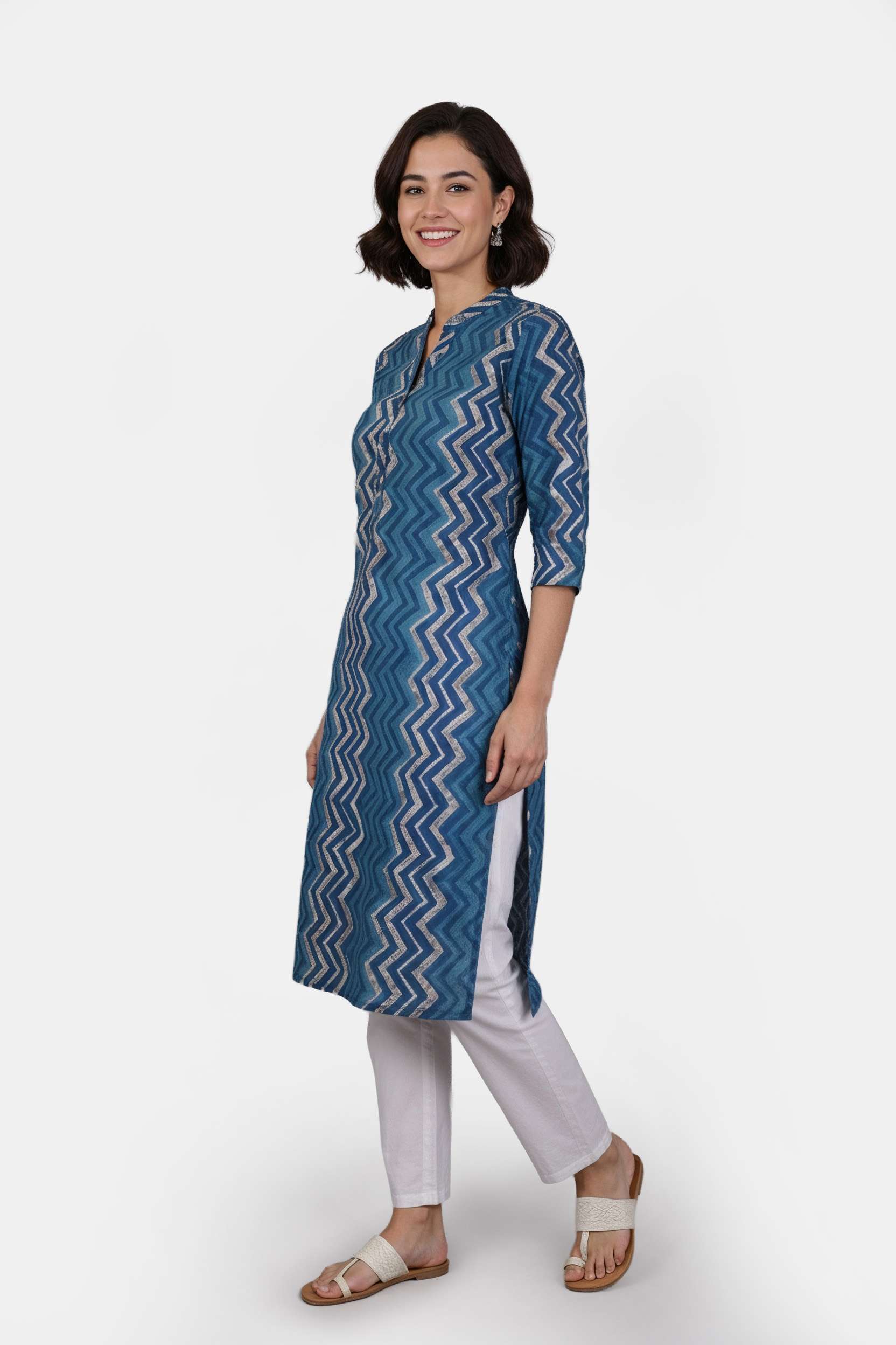 Chevron-Blended-Fabric-Henley-Women-Casual-Wear-Kurta