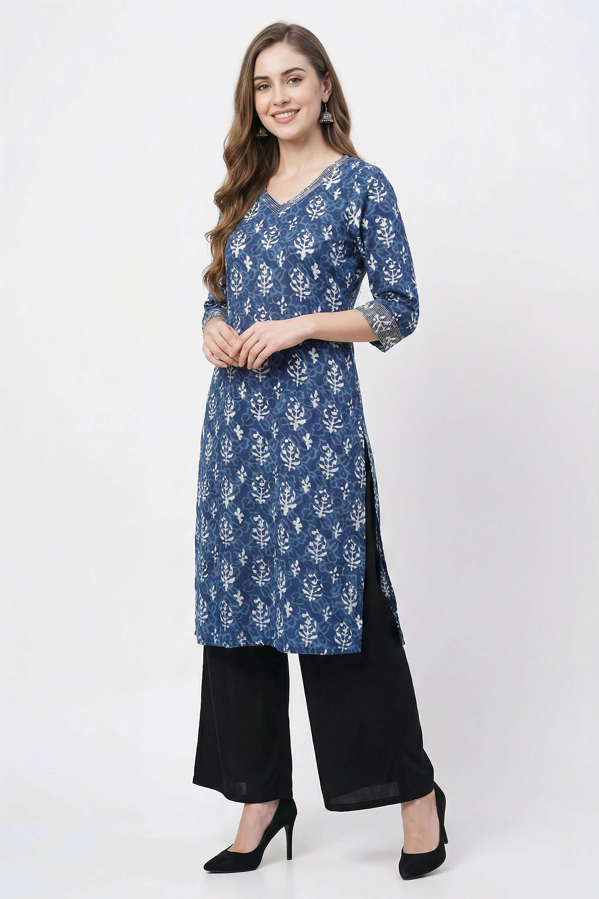 Printed-Cotton-V-Neck-Women-s-Casual-Wear-Kurta