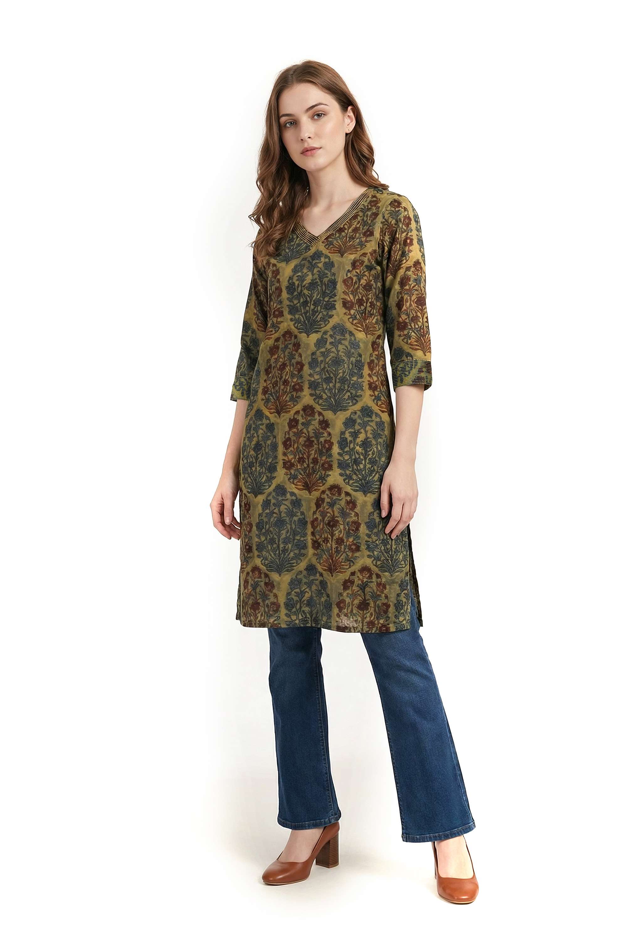 Floral-Blended-Fabric-V-Neck-Women-Casual-Wear-Kurta