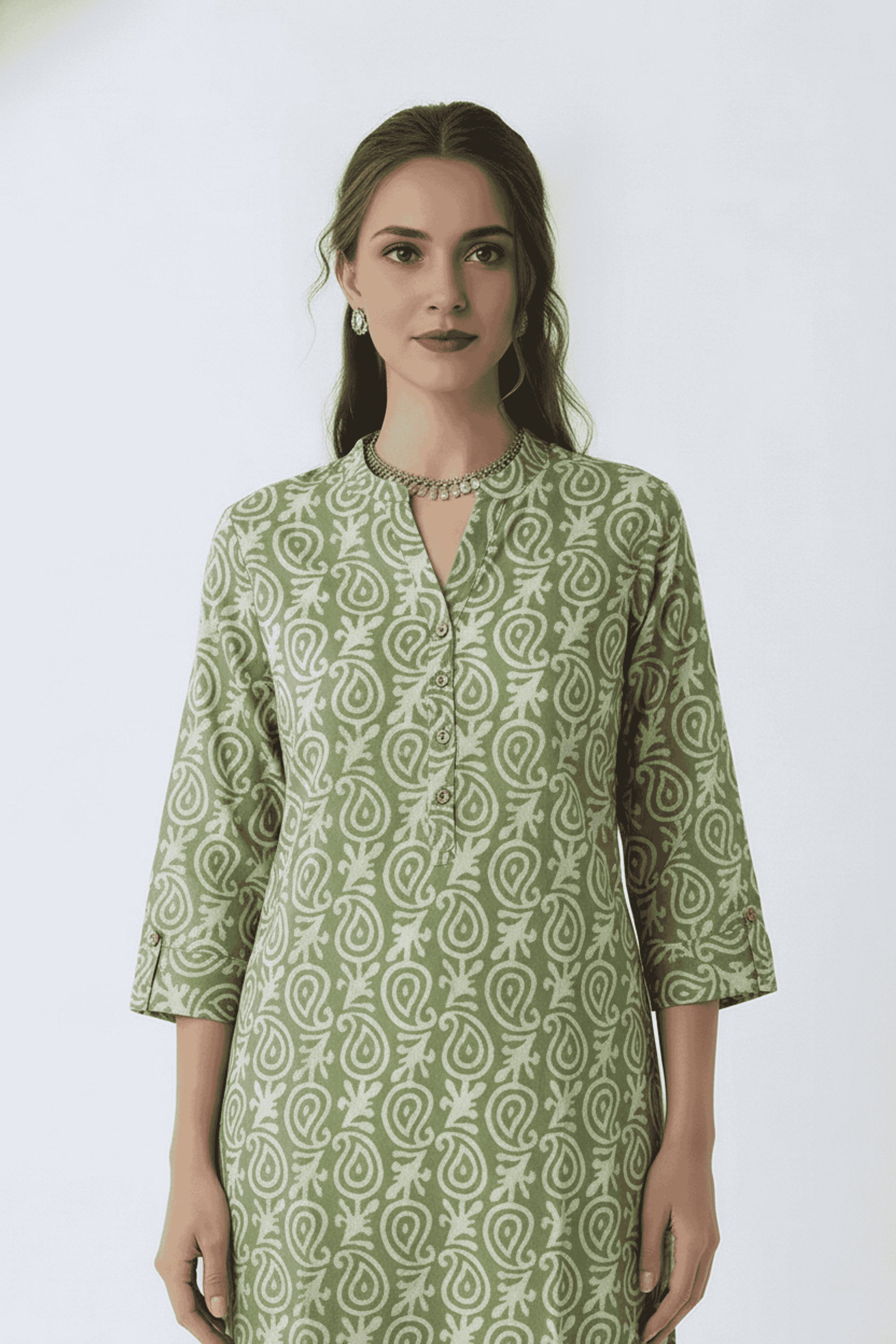 Floral-Blended-Fabric-Henley-Women-Casual-Wear-Kurta