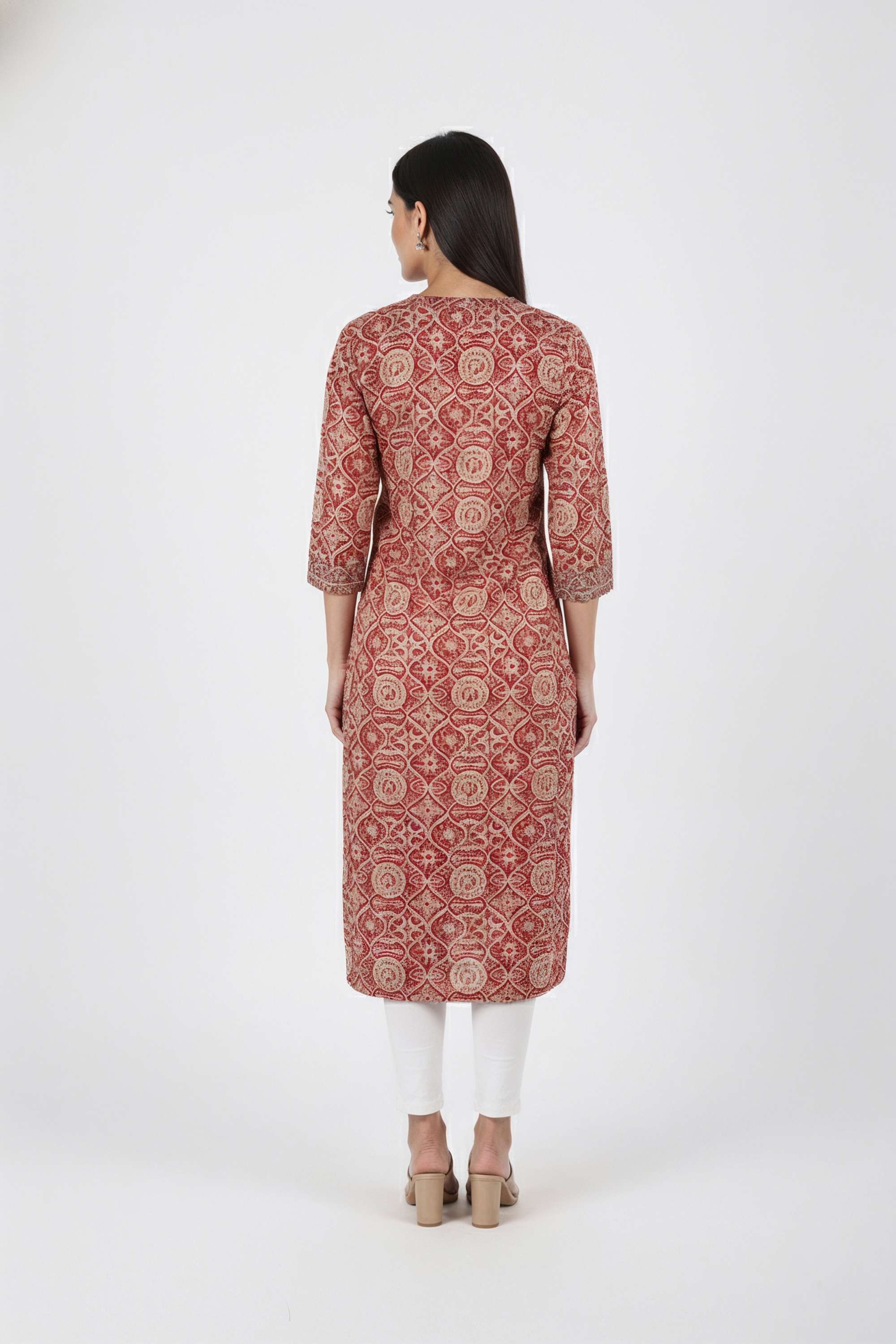 Printed-Blended-Fabric-V-Neck-Women-Fusion-Wear-Kurta