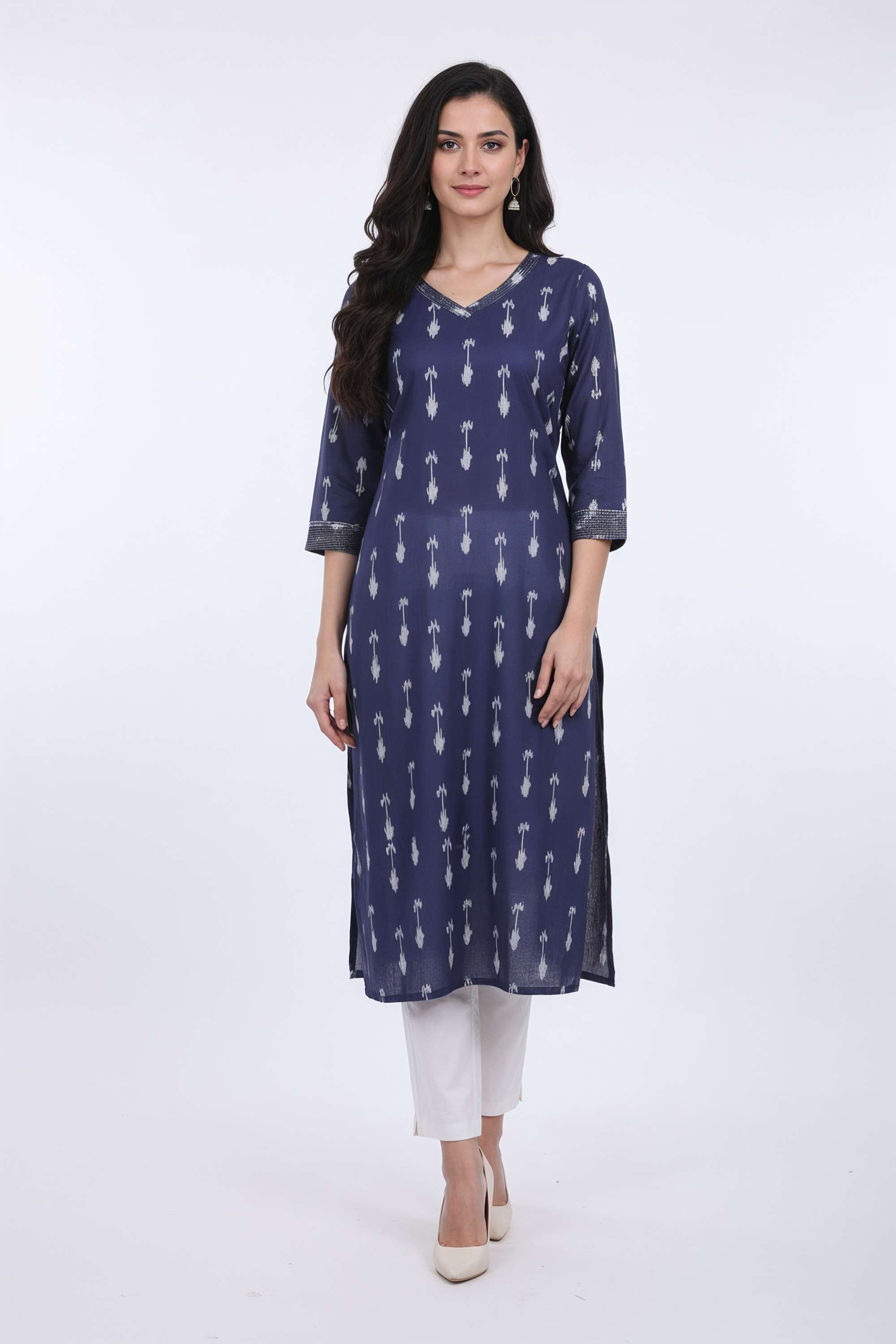 Printed-Blended-Fabric-V-Neck-Women-s-Casual-Wear-Kurta