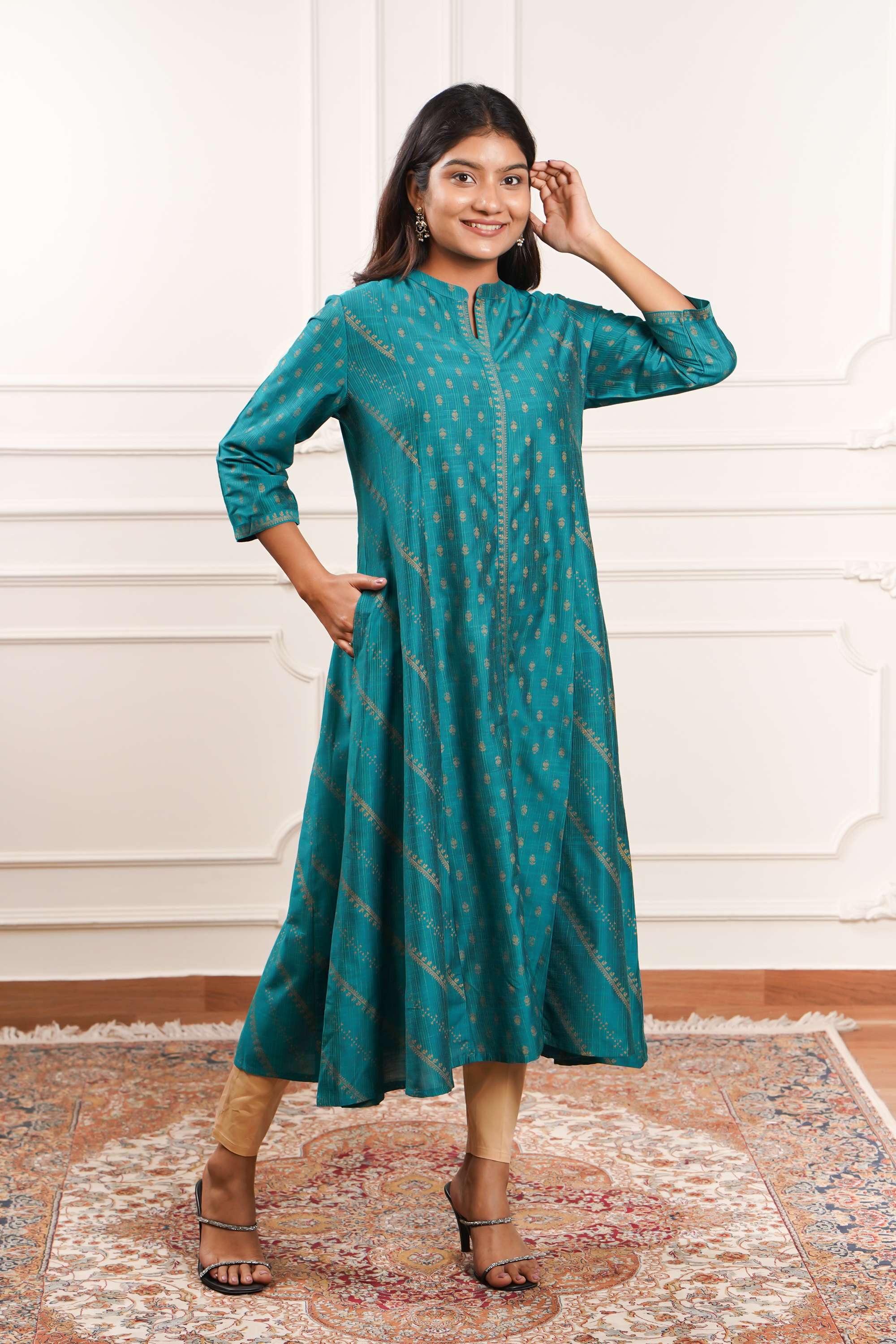 Block-Print-Polyester-Henley-Women-Casual-Wear-Kurta