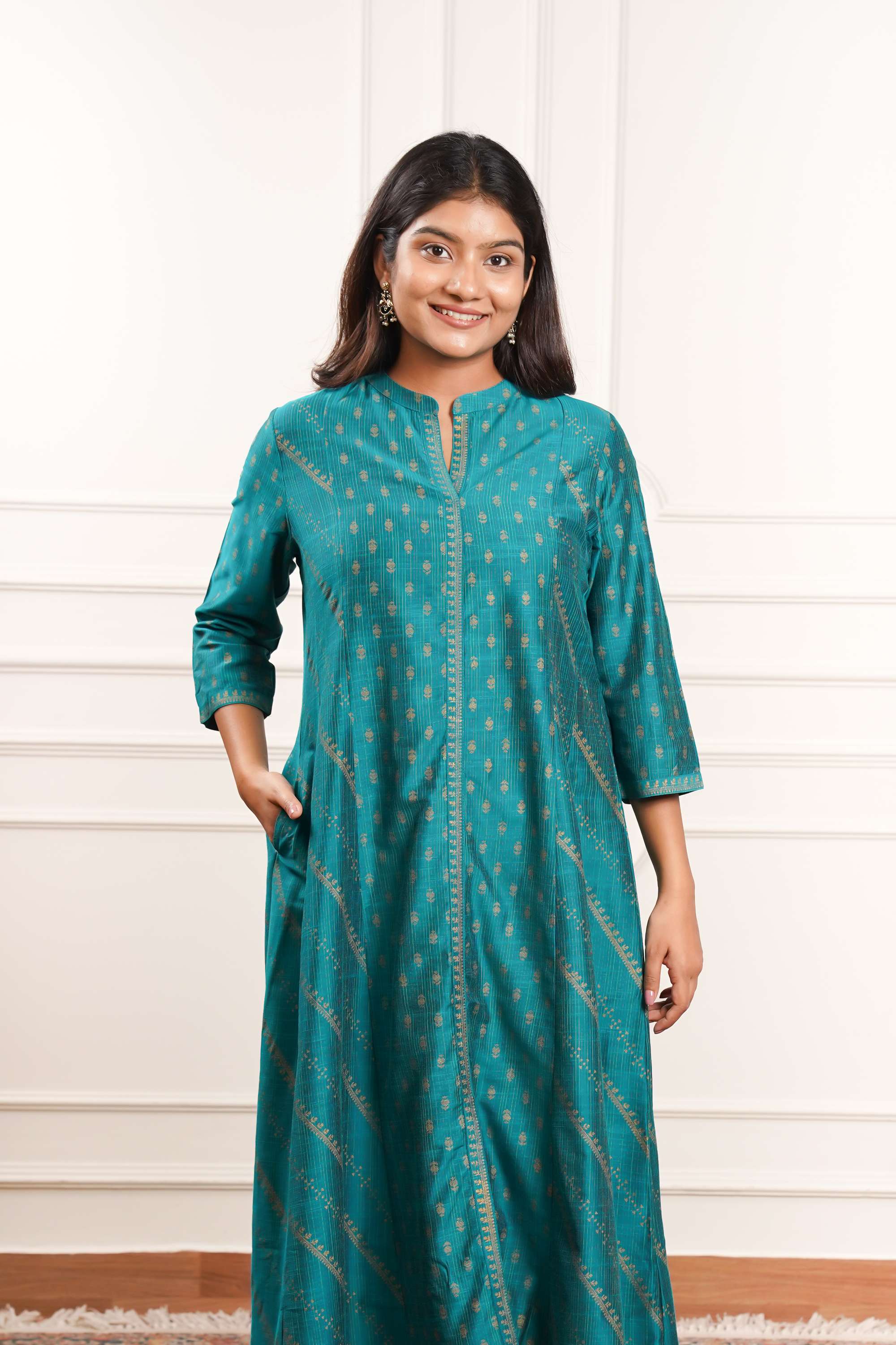 Block-Print-Polyester-Henley-Women-Casual-Wear-Kurta