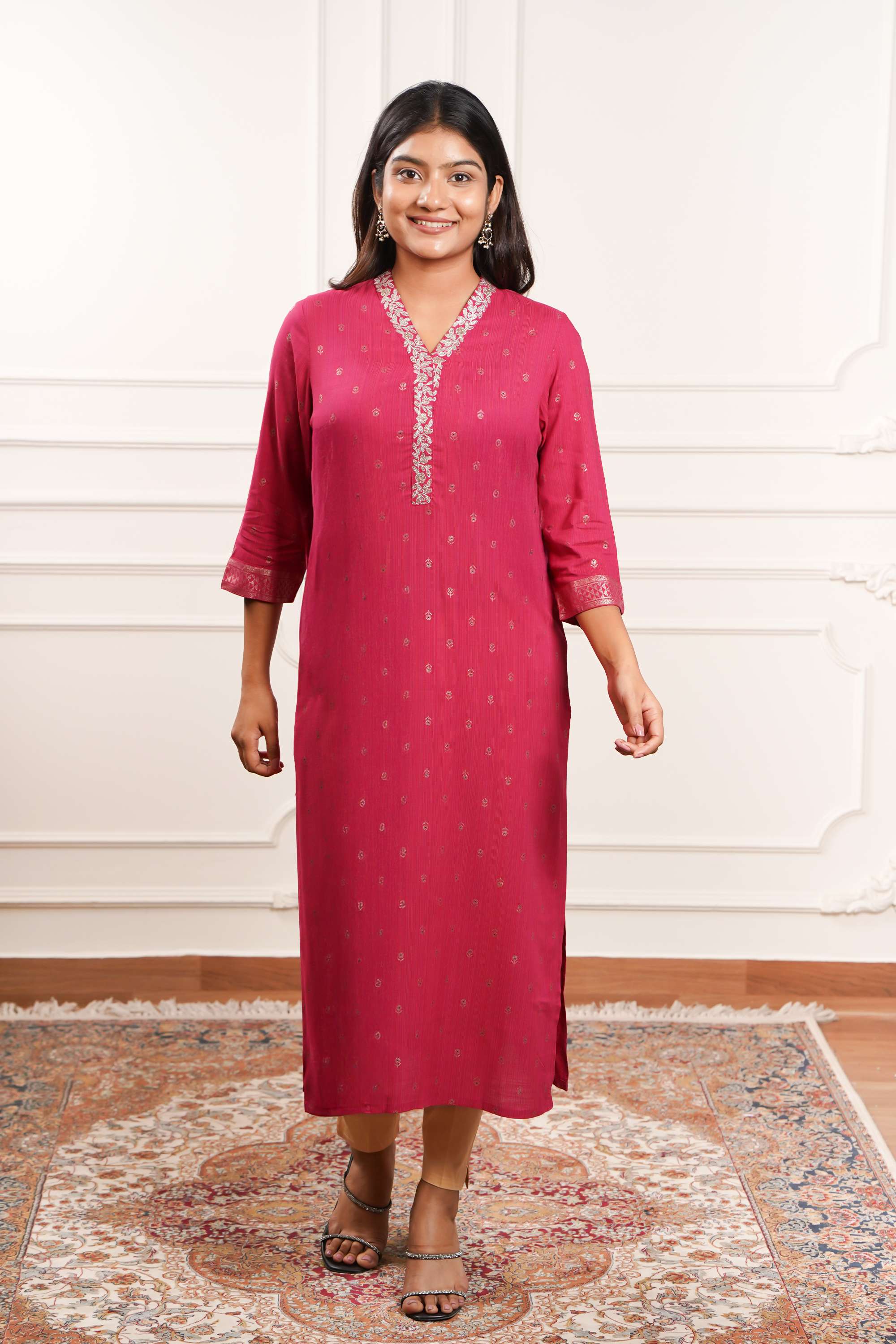 Dobby-Polyester-Y-Neck-Women-Casual-Wear-Kurta