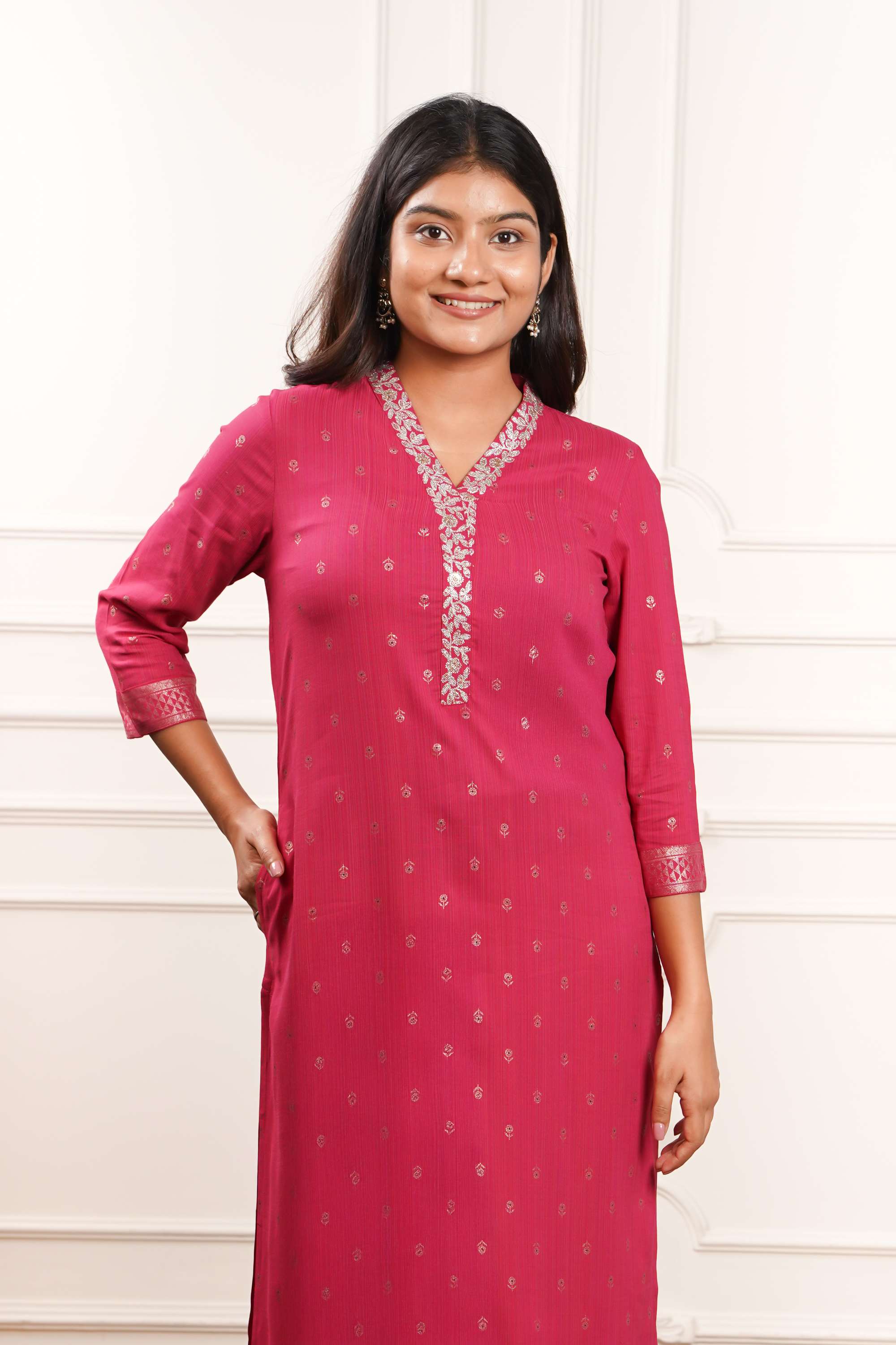 Dobby-Polyester-Y-Neck-Women-Casual-Wear-Kurta