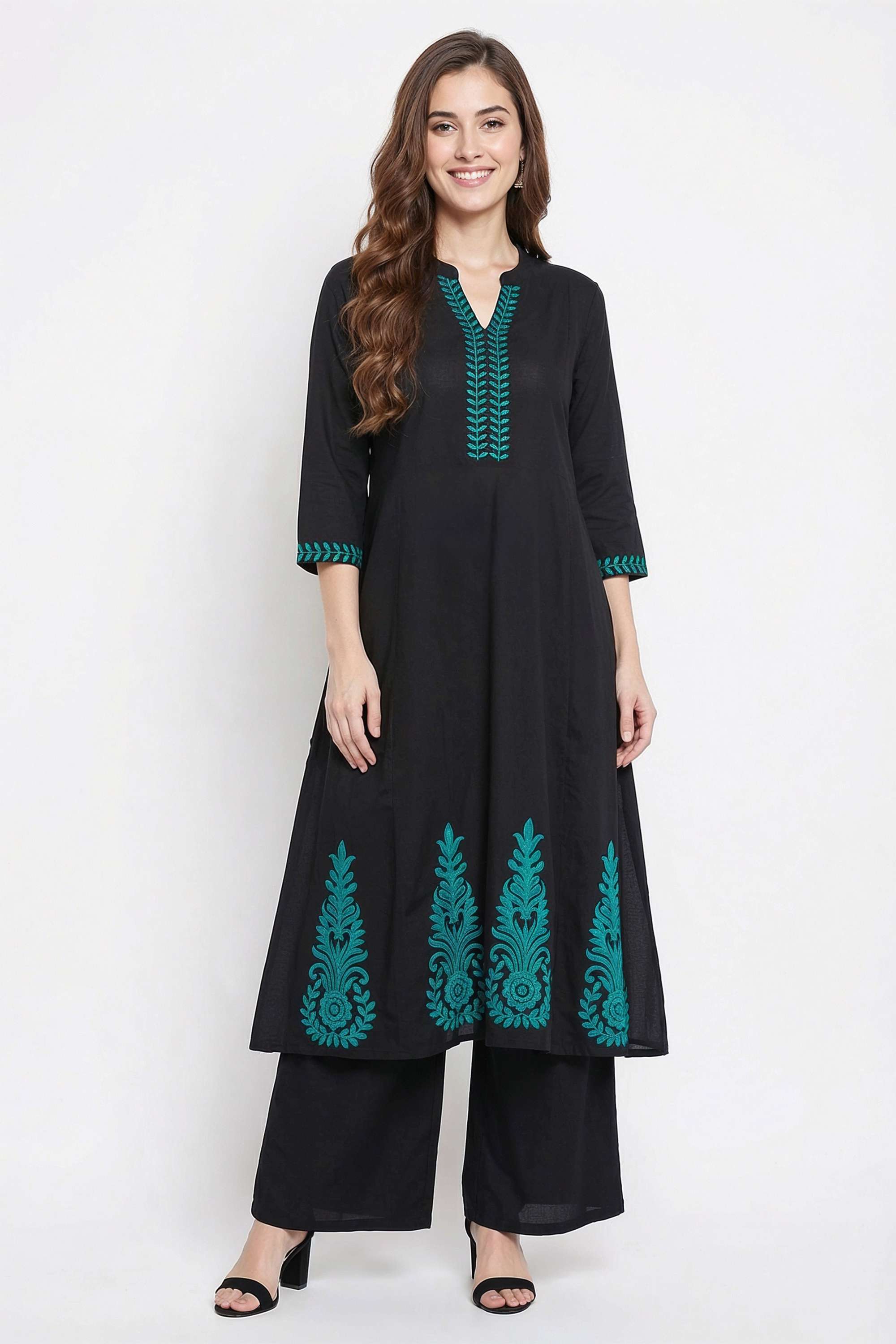 Embroidered-Blended-Fabric-Y-Neck-Women-Casual-Wear-Kurta