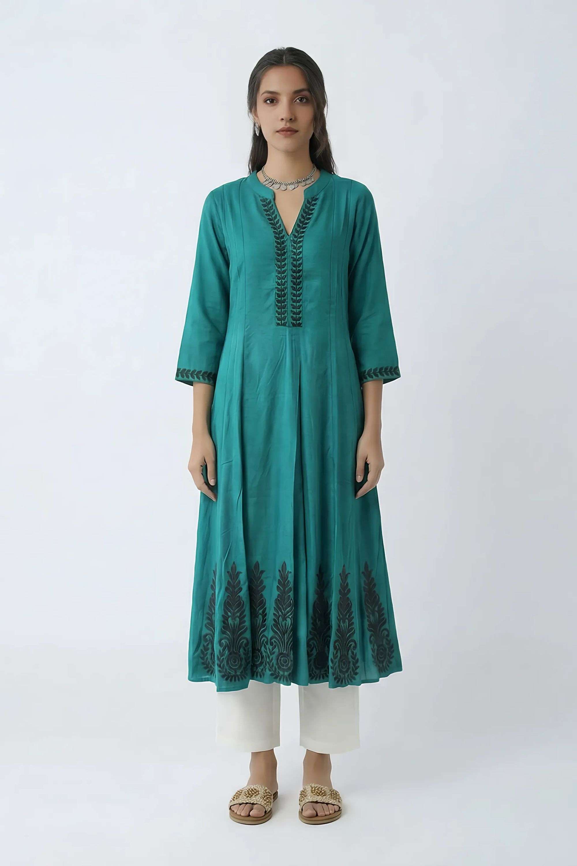 Embroidered-Blended-Fabric-Y-Neck-Women-Casual-Wear-Kurta