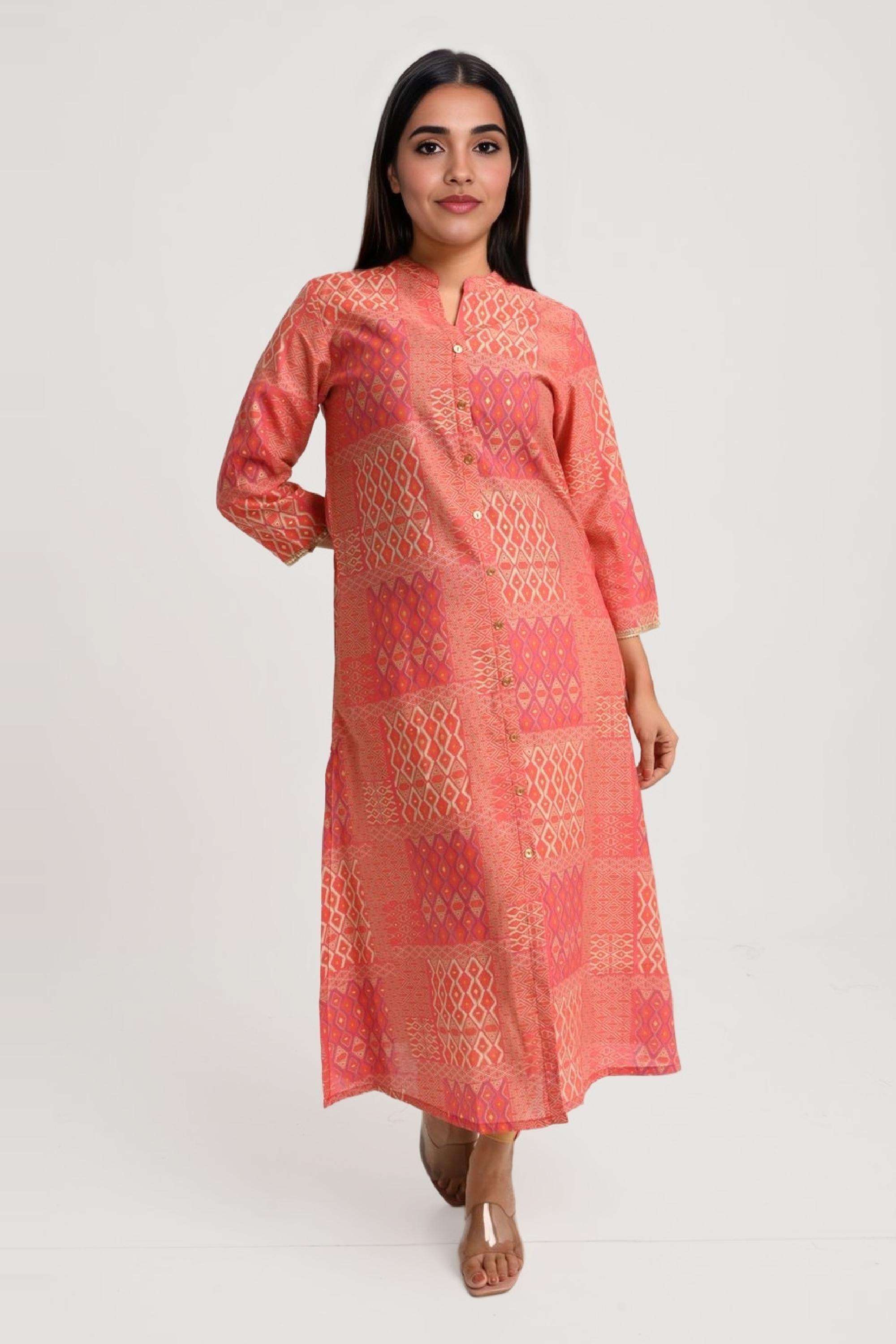 Printed-Chanderi-Mandarin-Collar-Women-s-Casual-Wear-Kurta