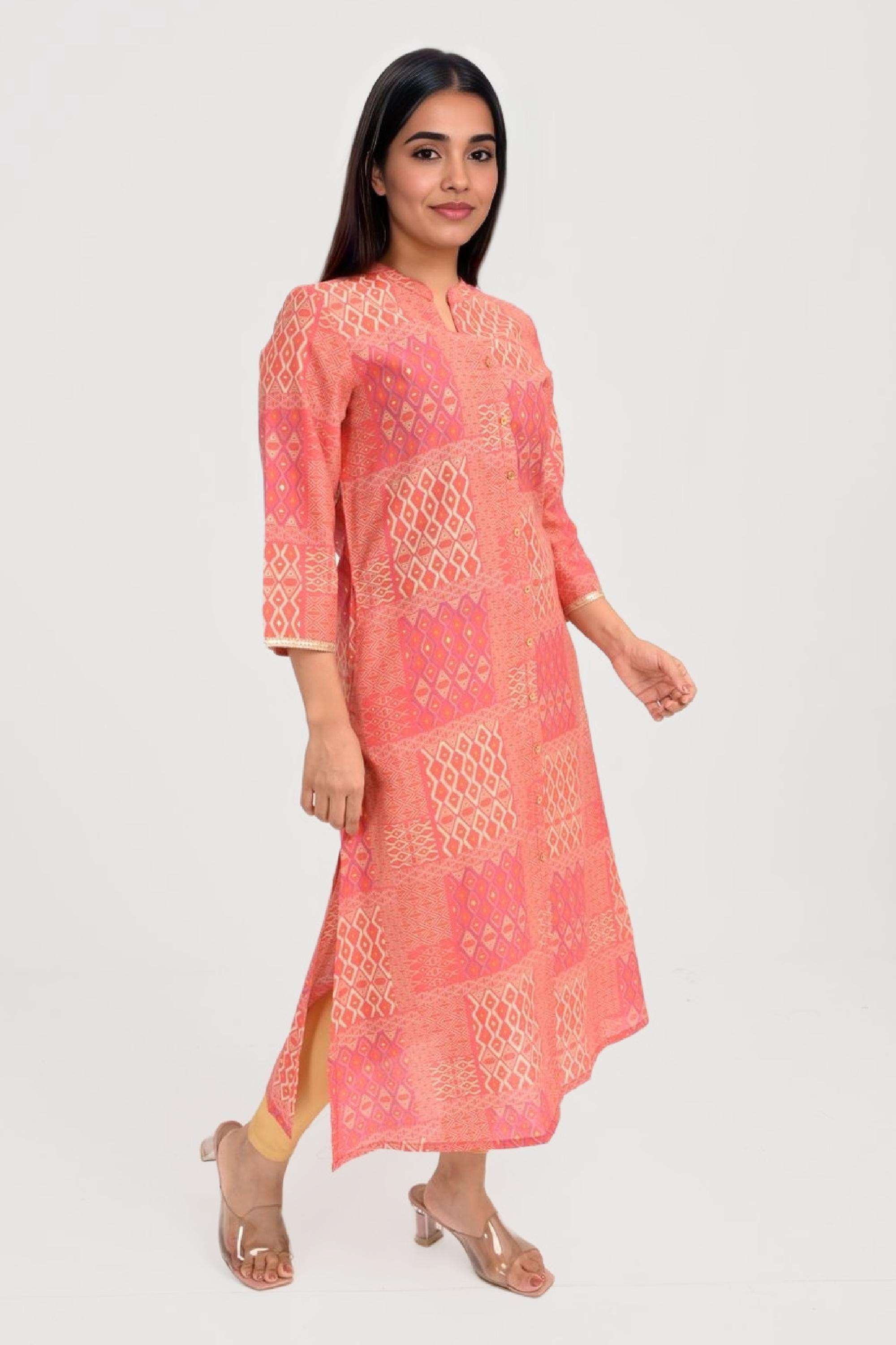 Printed-Chanderi-Mandarin-Collar-Women-s-Casual-Wear-Kurta