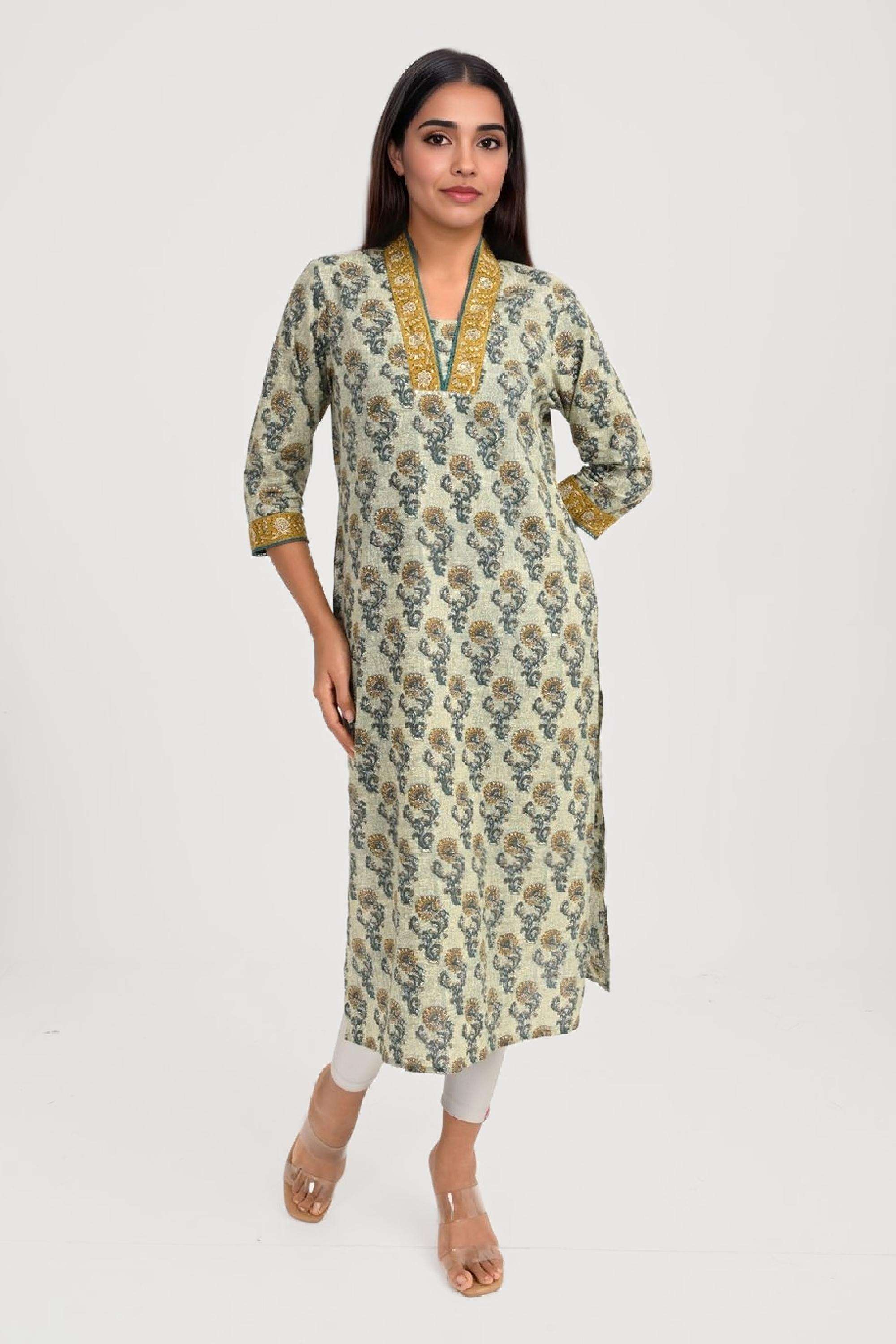 Embroidered-Cotton-V-Neck-Women-s-Kurta
