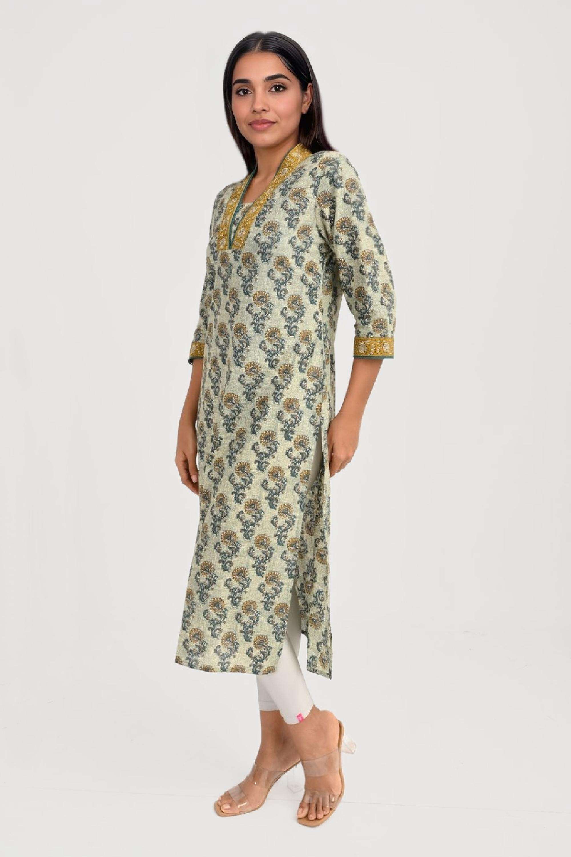 Embroidered-Cotton-V-Neck-Women-Festive-Wear-Kurta