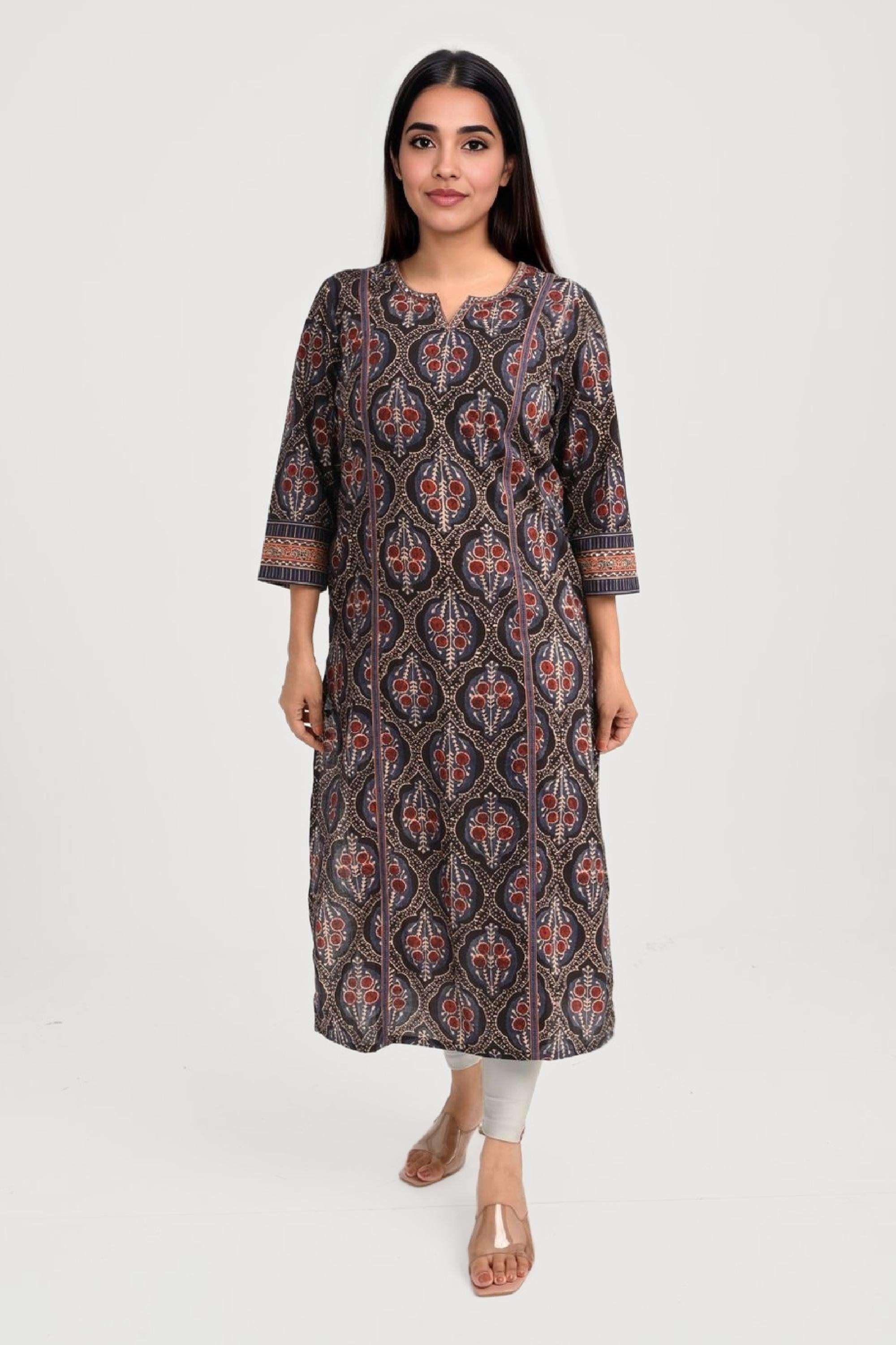 Printed-Cotton-Round-Neck-Women-Fusion-Wear-Kurta