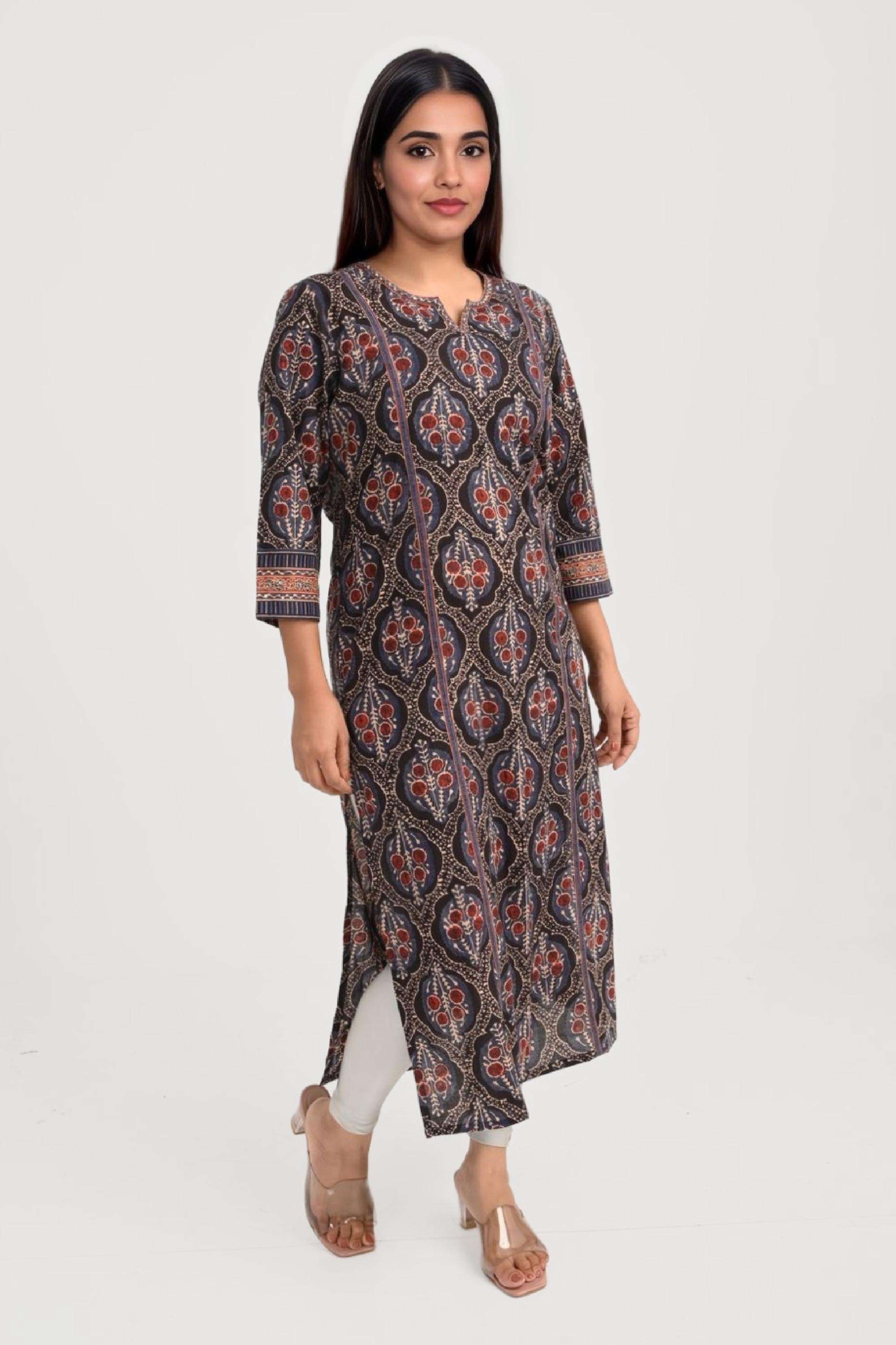 Printed-Cotton-Round-Neck-Women-Fusion-Wear-Kurta
