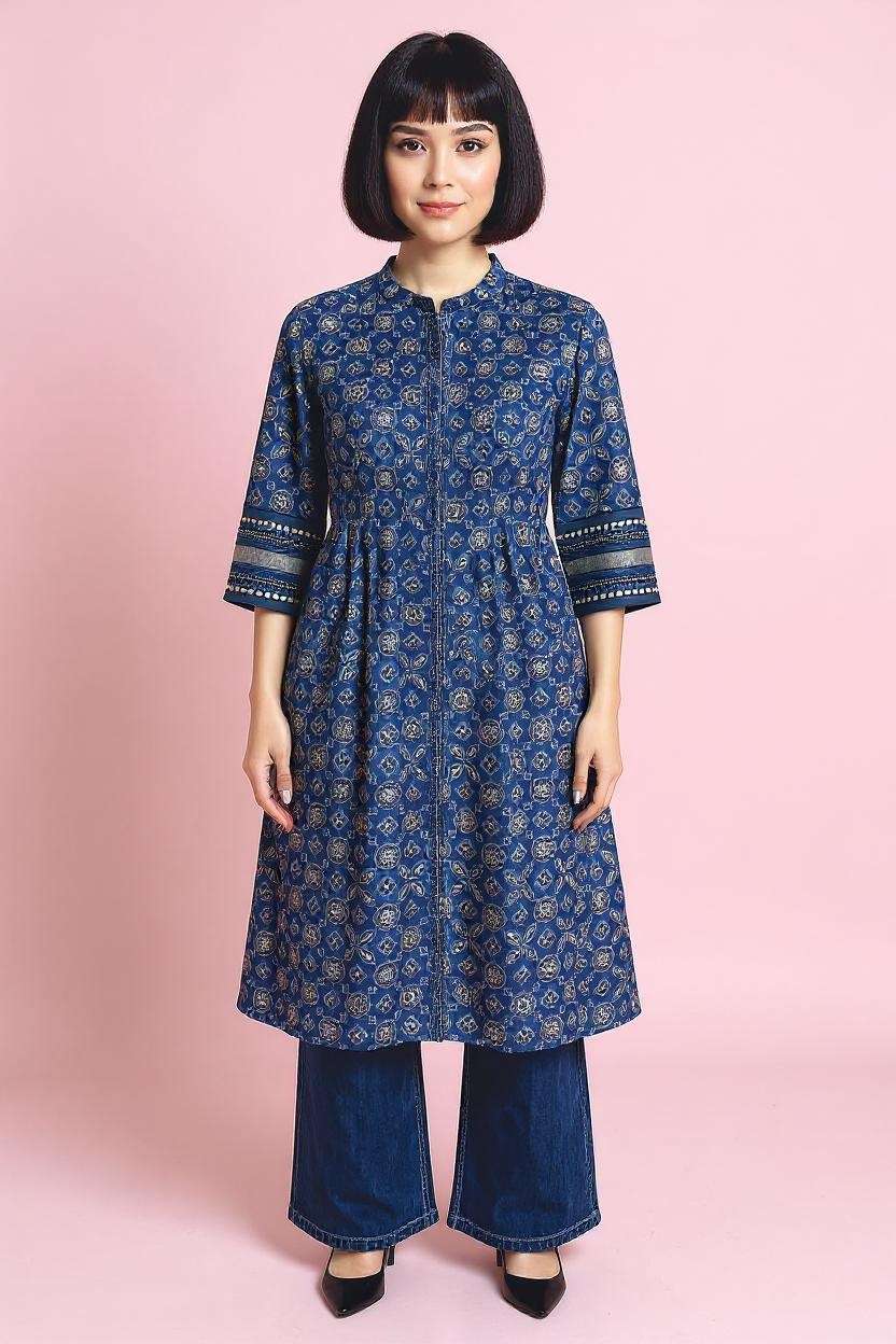 Printed-Cotton-Round-Neck-Women-Fusion-Wear-Kurta