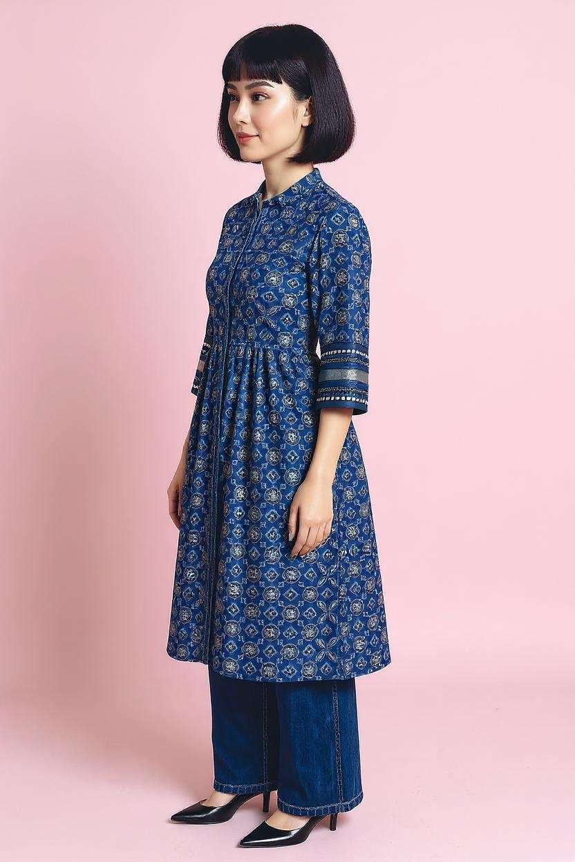 Printed-Cotton-Round-Neck-Women-Fusion-Wear-Kurta