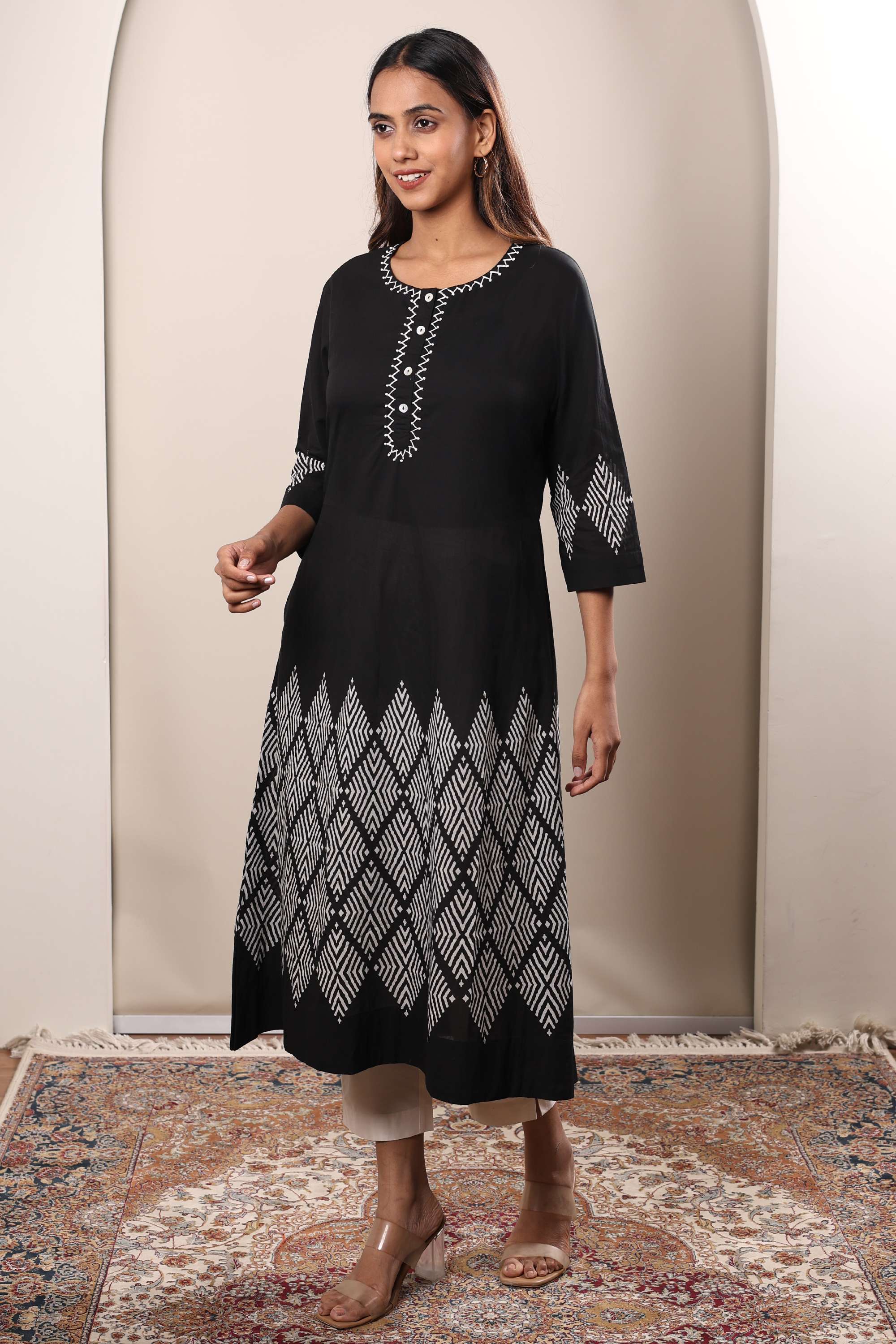 Printed-Chambray-Round-Neck-Women-s-Casual-Wear-Kurta