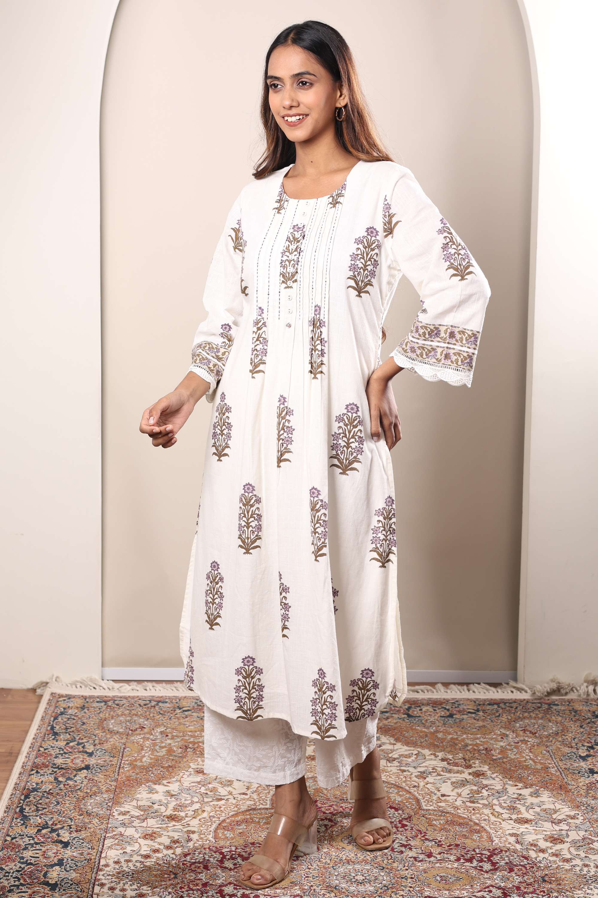 Floral-Cotton-Round-Neck-Women-Fusion-Wear-Kurta