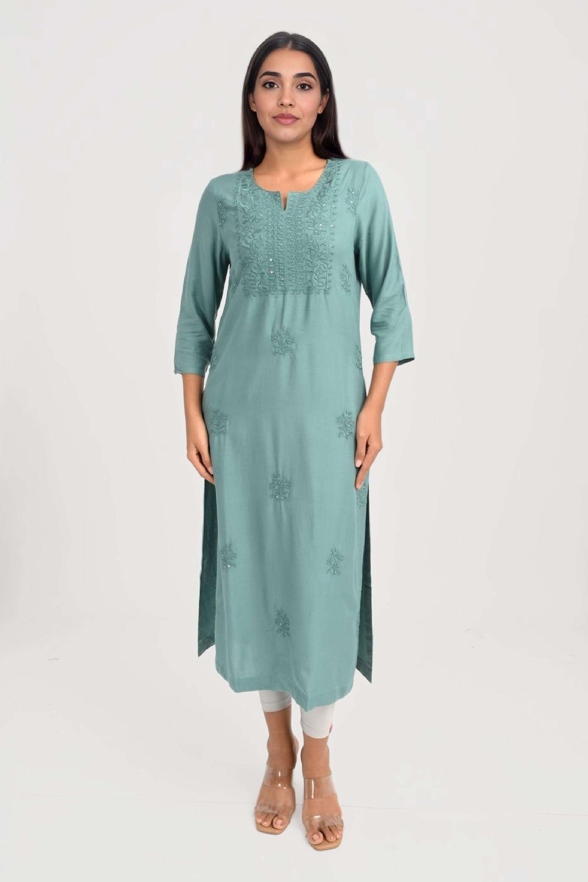 Solid-Viscose-V-Neck-Women-Everyday-Kurta