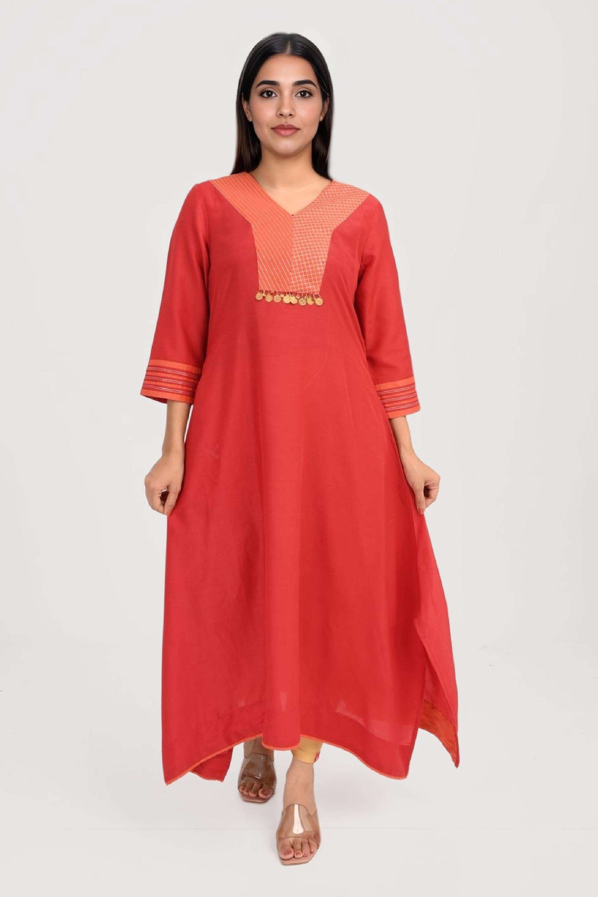 Solid-Blended-Fabric-V-Neck-Women-s-Kurta
