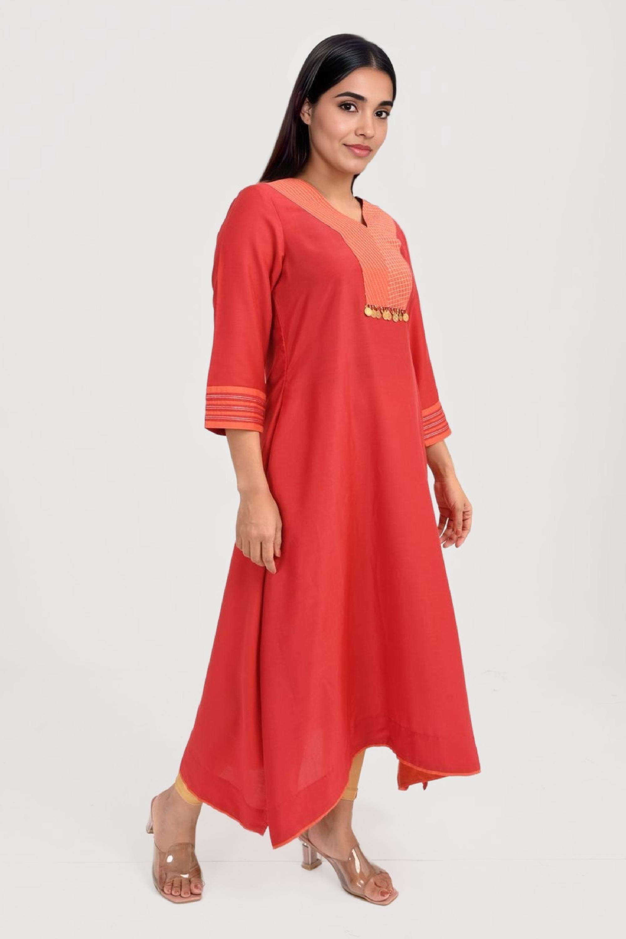 Solid-Blended-Fabric-V-Neck-Women-s-Kurta