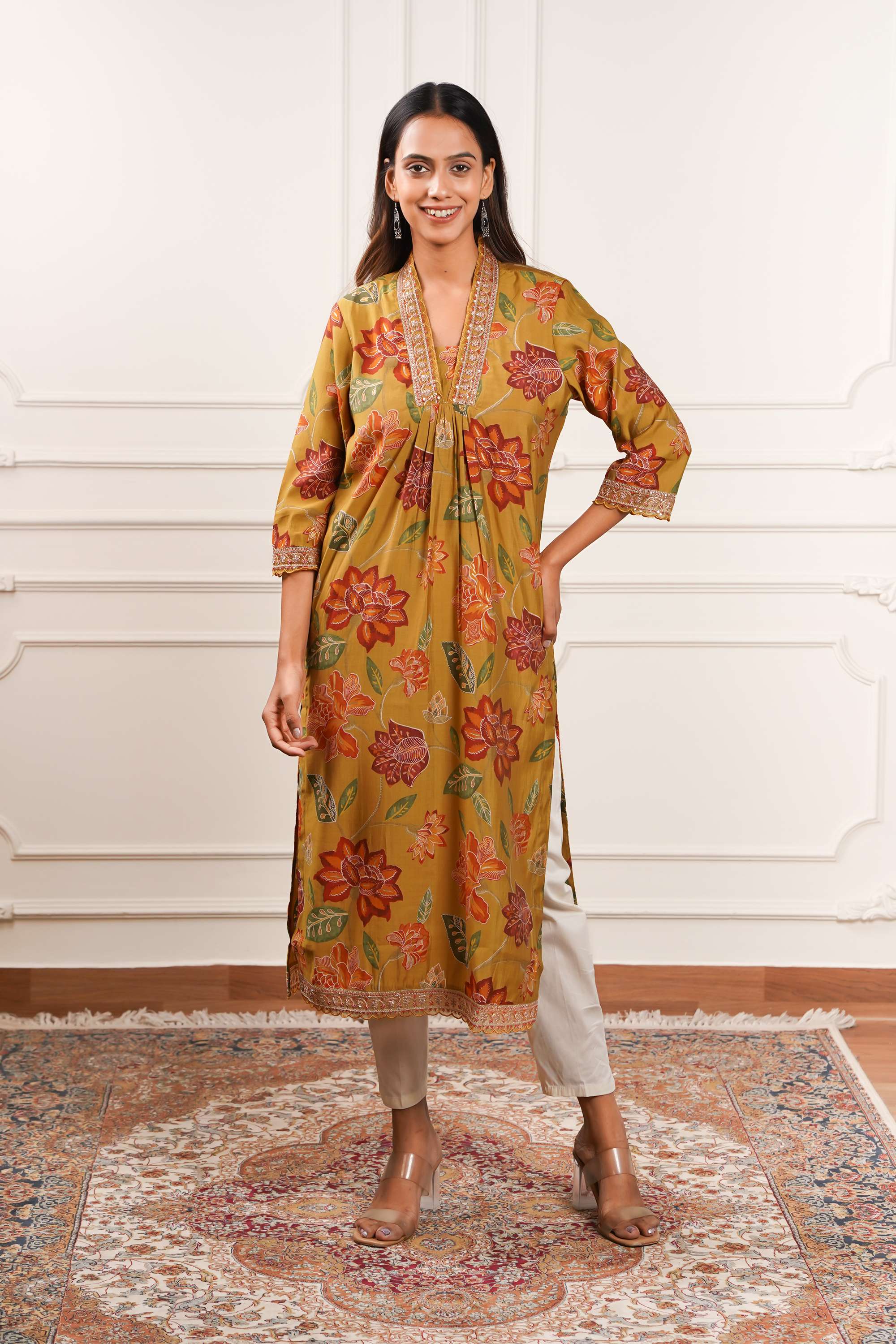Floral-Blended-Fabric-Y-Neck-Women-Festive-Wear-Kurta