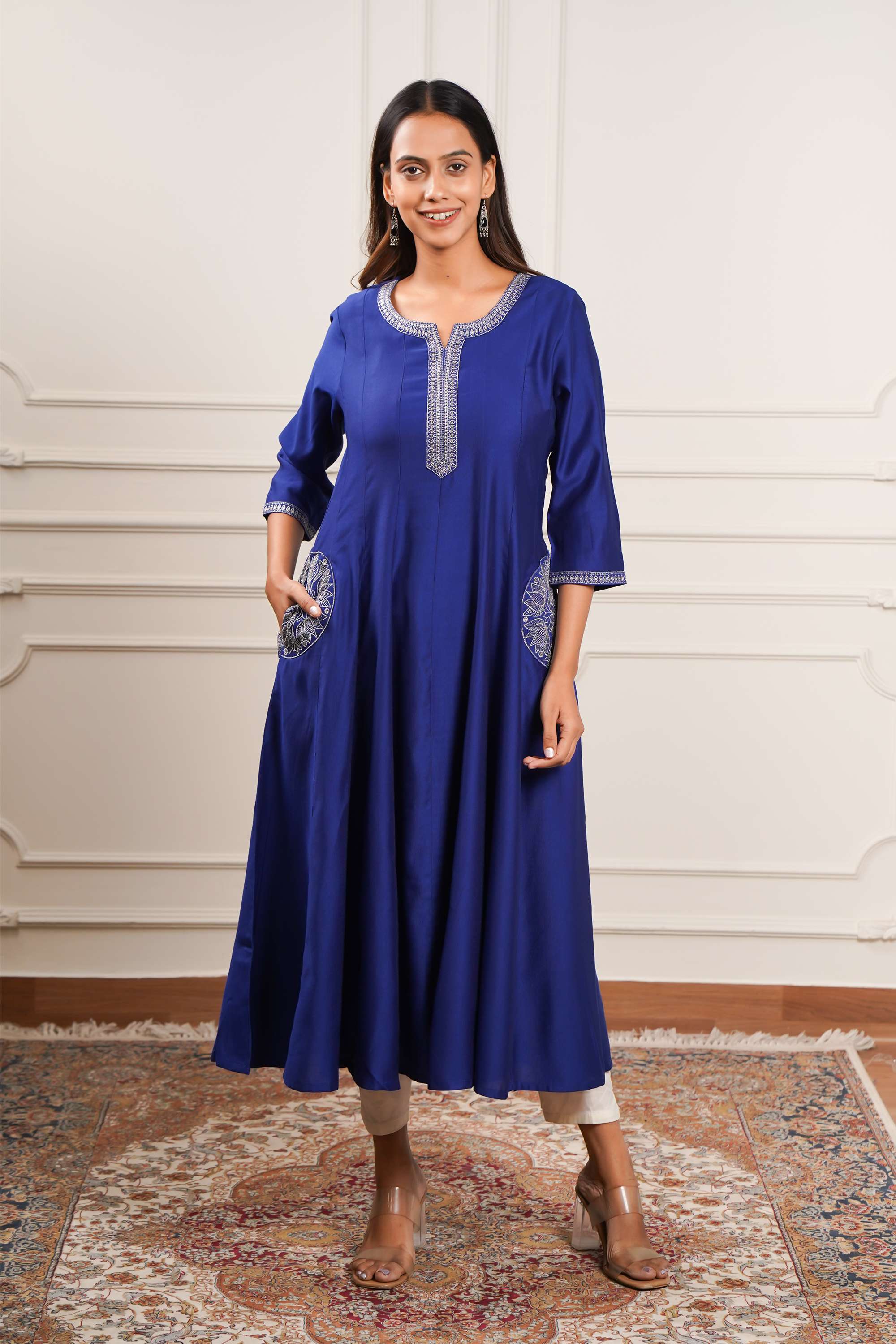 Embroidered-Blended-Fabric-Y-Neck-Women-Casual-Wear-Kurta