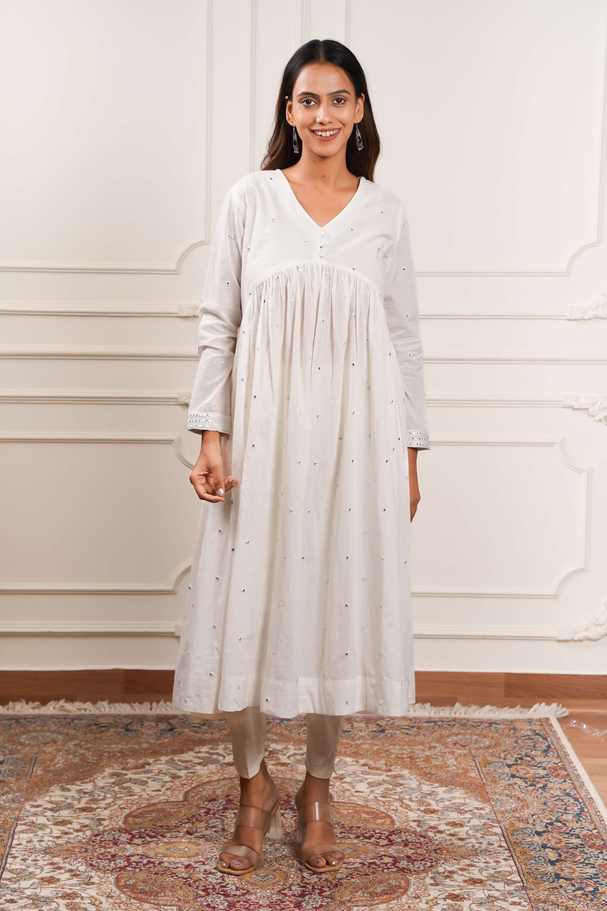 Embellished-Blended-Fabric-Y-Neck-Women-Casual-Wear-Kurta