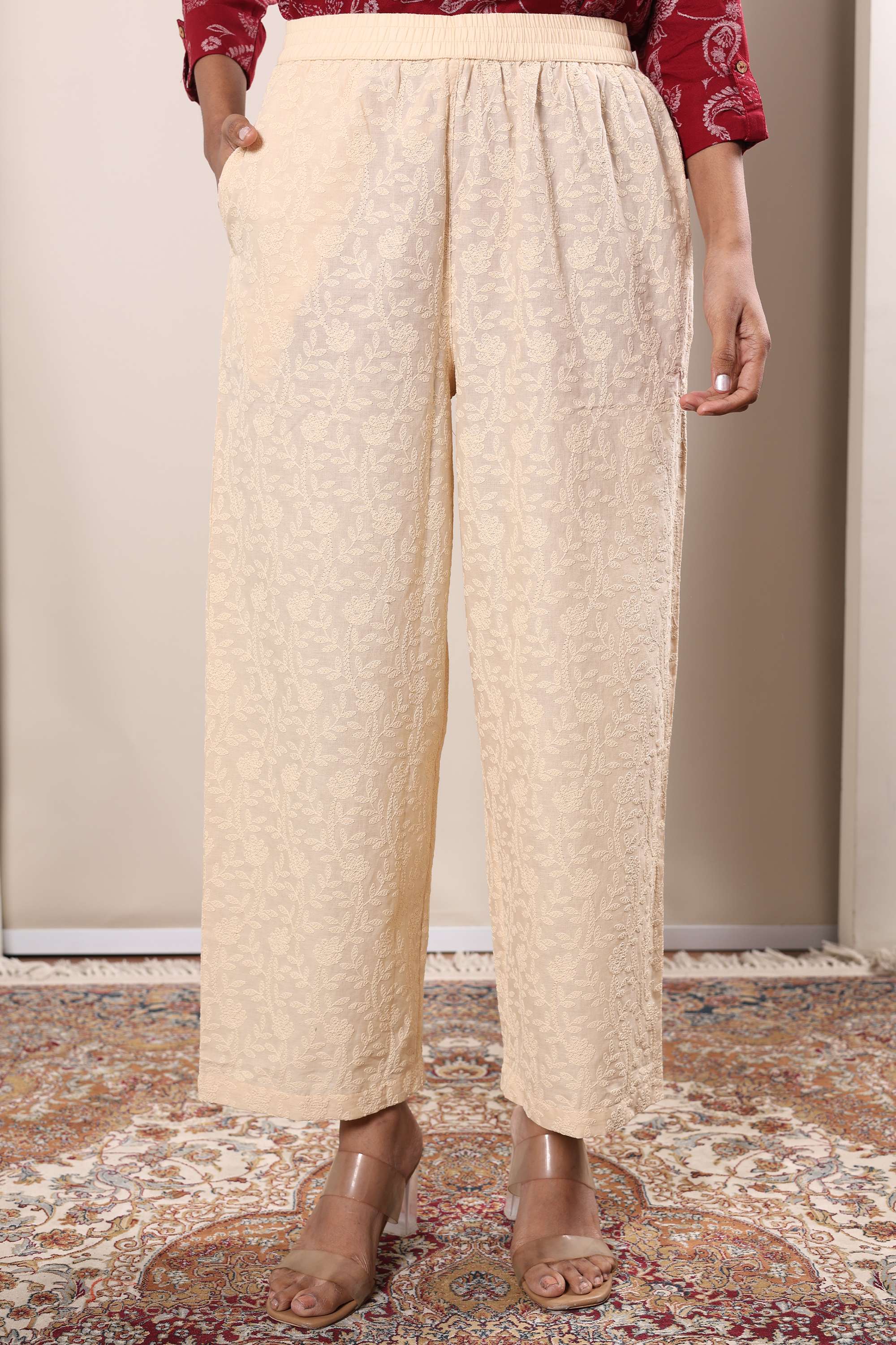 Schiffli-Regular-Fit-Linen-Women-s-Casual-Wear-Pants