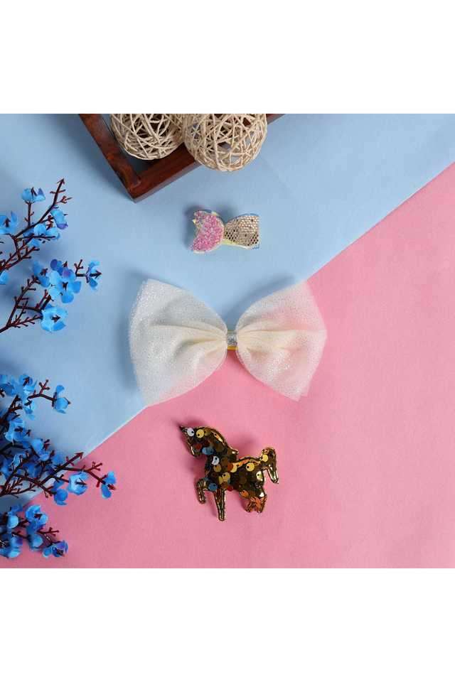 Unicorn-and-Bow-With-Metal-Snap-Hair-Clip-for-Kids-and-Girls-(-Pack-Of-3-)-Creem/Golden