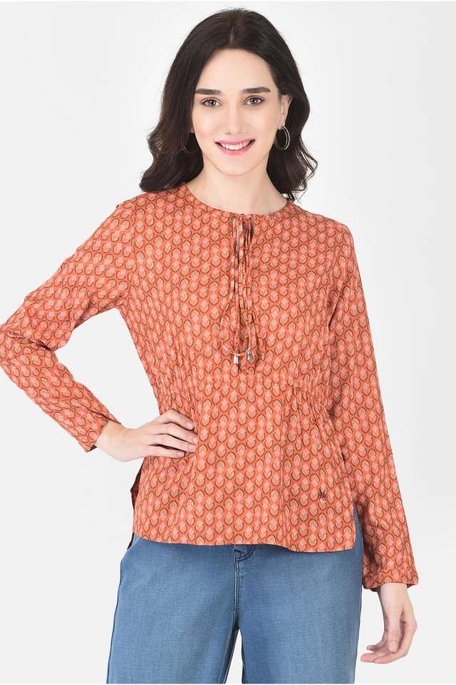 crimsoune club Geometric Print Lyocell Tie Up Neck Women Top-picture-27