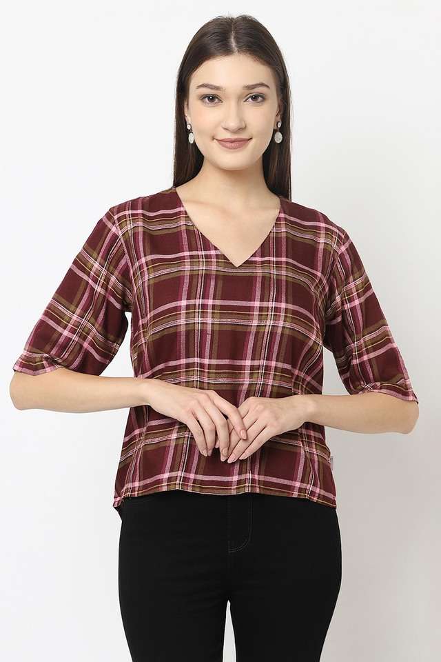 crimsoune club Checks Lyocell V-Neck Women Top-picture-30