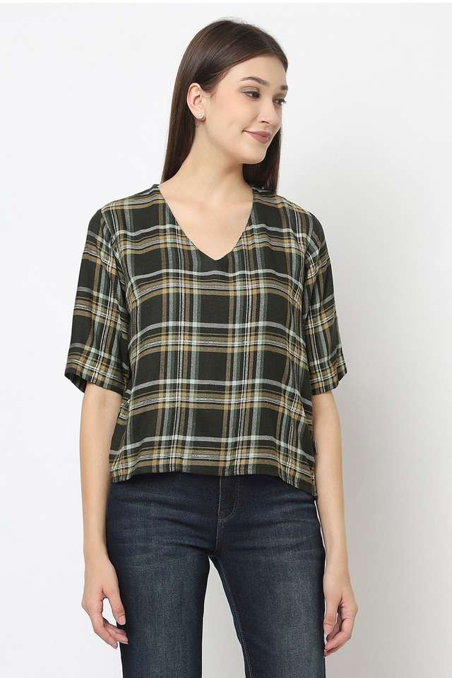 crimsoune club Checks Lyocell V-Neck Women Top-picture-23