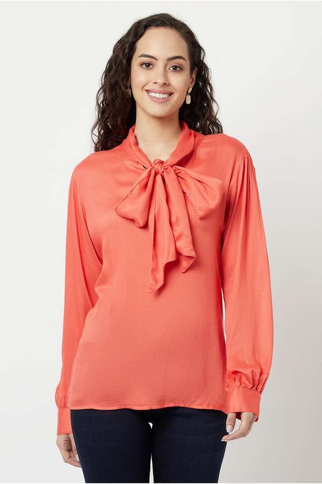 crimsoune club Solid Lyocell Tie Up Neck Women Top-picture-28