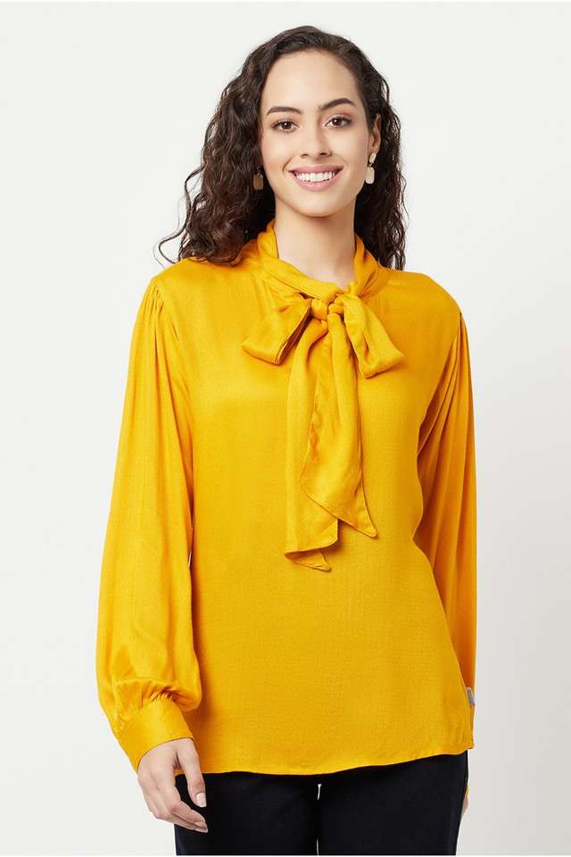 crimsoune club Solid Lyocell Tie Up Neck Women Top-picture-22