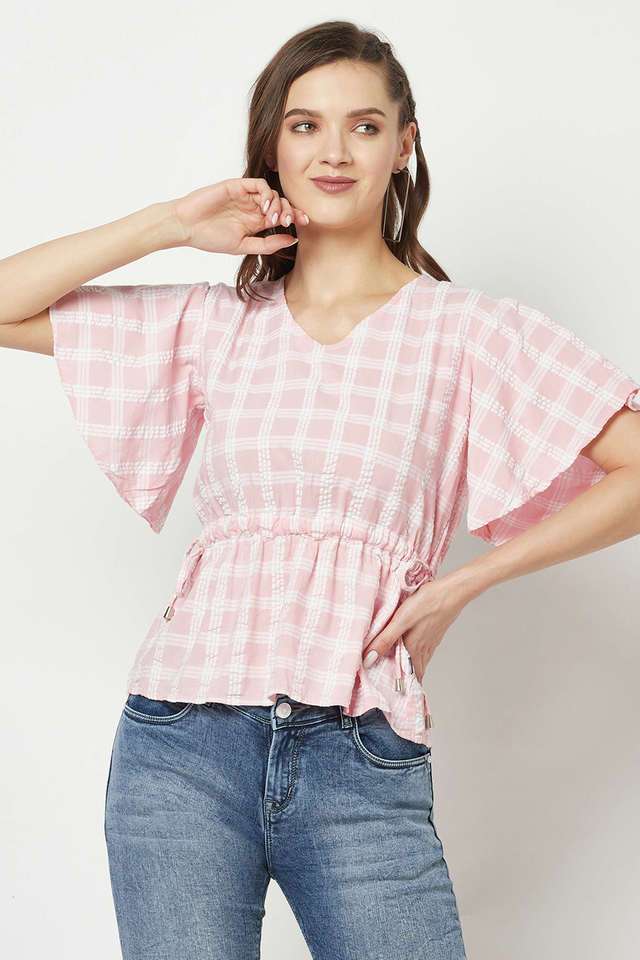 crimsoune club Checks Cotton Blend V-Neck Women Top-picture-28
