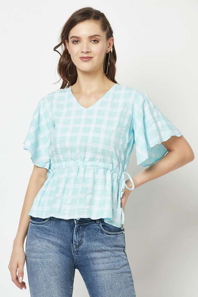 crimsoune club Checks Cotton Blend V-Neck Women Top-picture-29