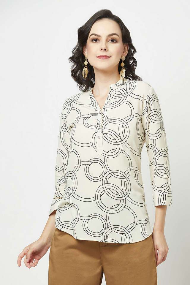 crimsoune club Geometric Print Lyocell Collared Women Top-picture-36