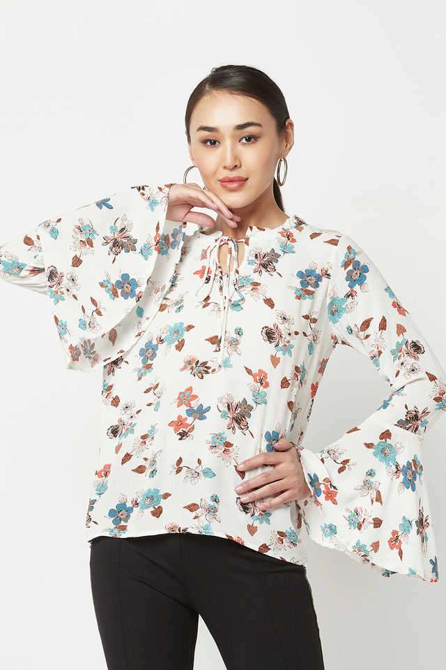 crimsoune club Floral Lyocell Tie Up Neck Women Top-picture-24